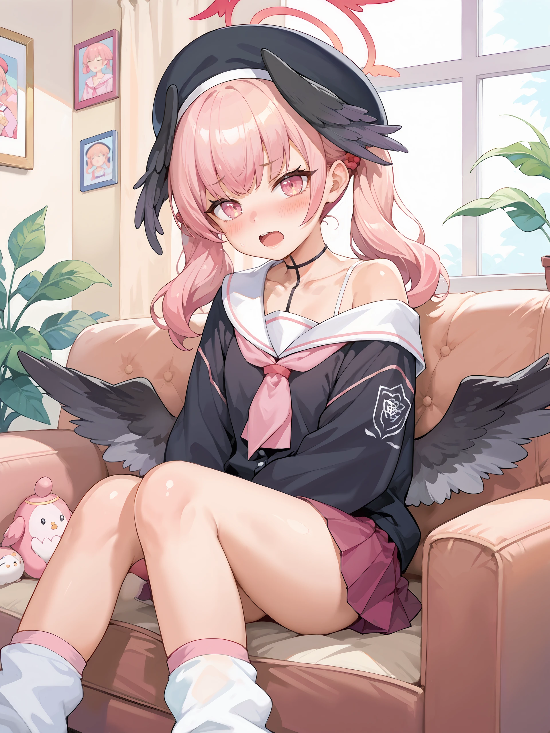 score_9, score_8_up, score_7_up, source_anime, ray tracing, best quality, <lora:style-Ishike:0.3>, <lora:style-odanon:0.3>, <lora:Char-BlueArchive-Koharu-V1-Pony:0.9:hr=0.6>, 1girl, koharu \(blue archive\), twintails, halo, beret, head wings, low wings, pleated miniskirt, sailor shirt, pink neckerchief, off shoulder, loose socks, bedroom, ecstasy, open mouth, blush, looking at viewer, gasping, reclining, sitting, arm support