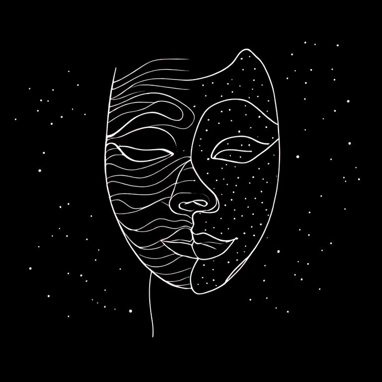 <lora:Elegant_Minimalist_Line_Art:1> Elegant Minimalist Line Art, The image shows a black and white line drawing of a woman's face with a mask on it set against a black background. The mask is a representation of the face of a person with intricate details and a unique design., monochrome, greyscale, black background, no humans, simple background, outline, white outline, comic, star (sky), solo