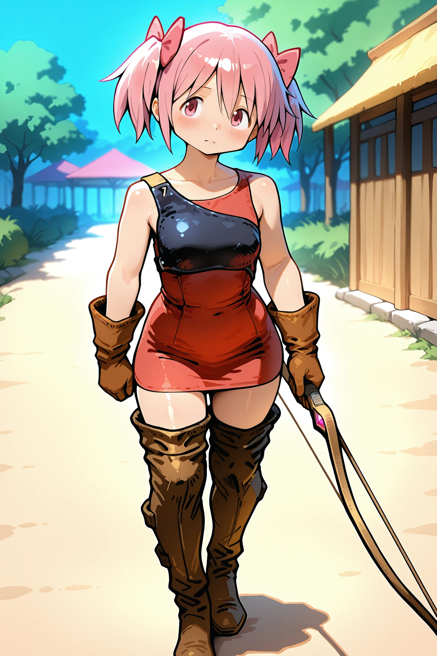1girl, <lora:fft_archerV1_illustrious:0.8>, muneate,fft_archer,red_dress,short dress,sleeveless dress,thigh boots,brown footwear,leather gloves,leather boots,brown gloves,gloves,full body, outdoor,bow \(weapon\),, masterpiece, best quality, amazing quality, newest,detailed face, beautiful eye, <lora:kanamemadokaILM:1>,kaname madoka, hair bow, pink eyes, pink hair, short hair, twintails, short twintails, bow, pink bow, blush,