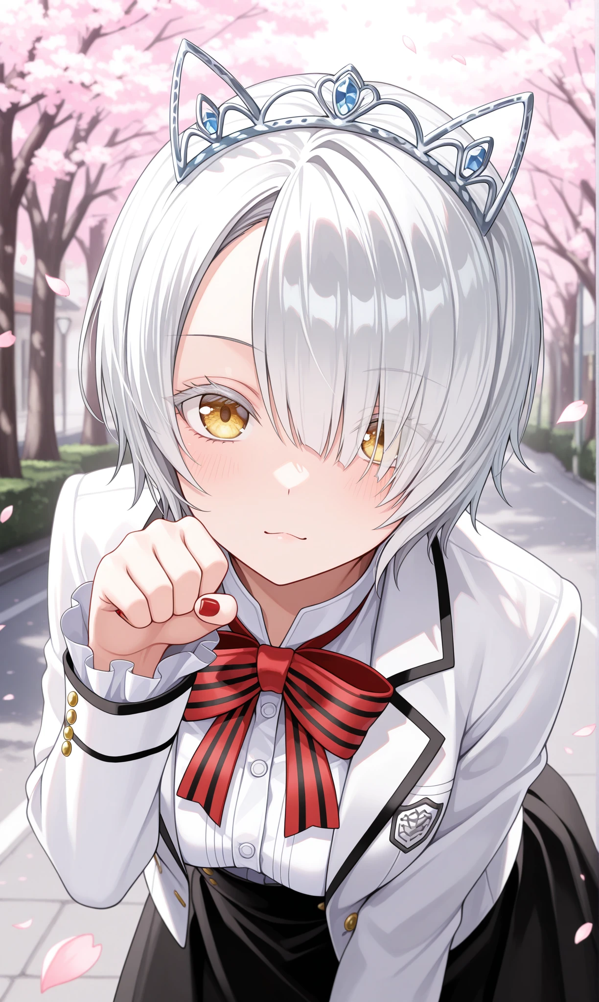 <lora:chartreux_westia_illust_scarxzys:1>, chartreux westia, striped bowtie, red bowtie, dahlia academy boarding school uniform, frilled sleeves, frills, hair over one eye, jacket, school uniform, black skirt, short hair, tiara, white hair, white jacket, white shirt, yellow eyes, colored eyelashes, long sleeves, red nails, fingernails, asymmetrical bangs, 1girl, solo, masterpiece, best quality, amazing quality, cherry blossoms, street, looking at viewer, close-up, leaning forward, paw pose
