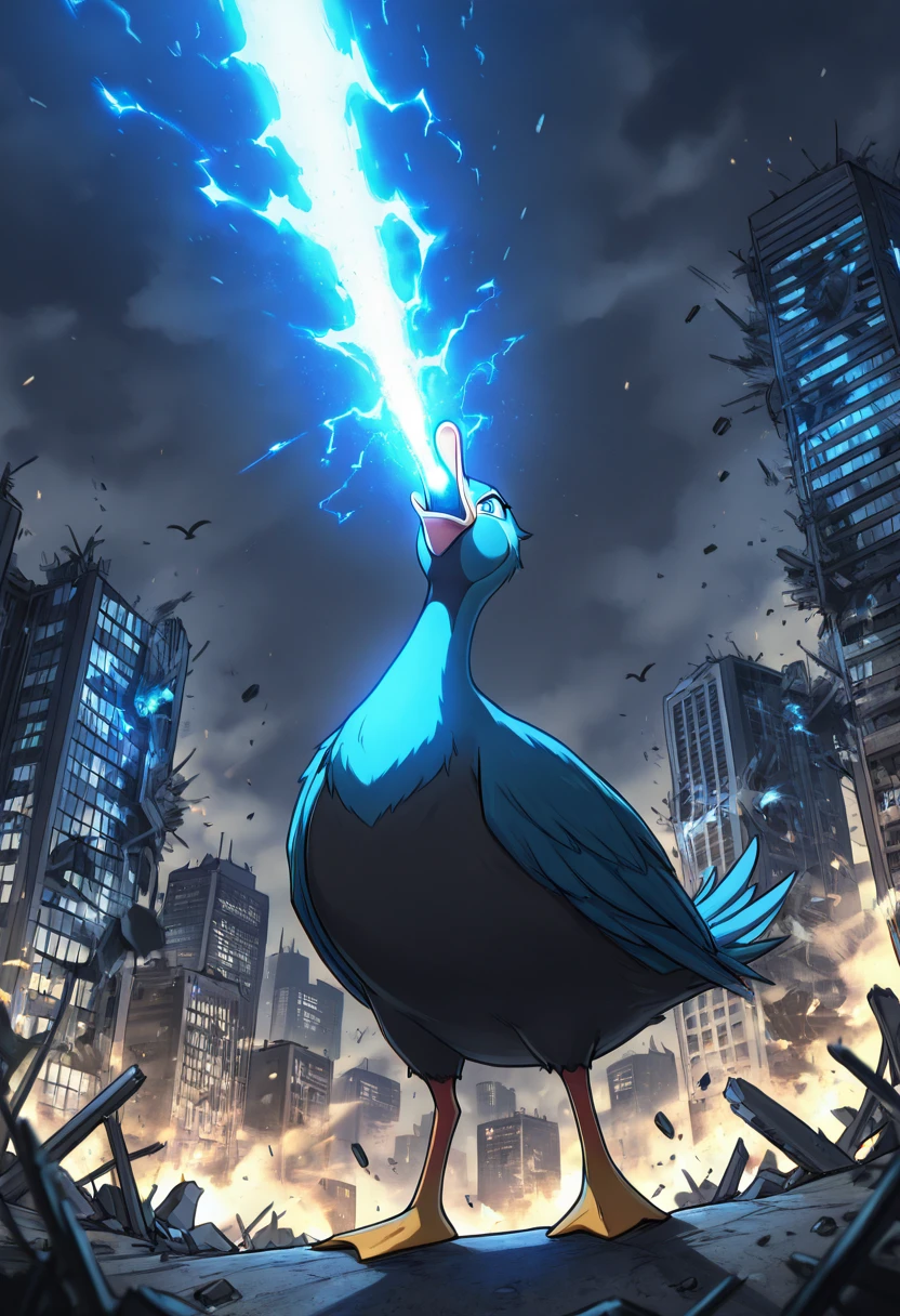 masterpiece, best quality, 1girl, solo, eyelashes, (beautiful eyes),   hyp3rB34m, blue beam, animal, atomic breath, beak, bird, blue fire, blue light, blurry, building, cityscape,  destruction, duck, electricity, energy, glowing, chromatic aberration, animal focus  <lora:HyperBeam_IXL_v1:1.0>,