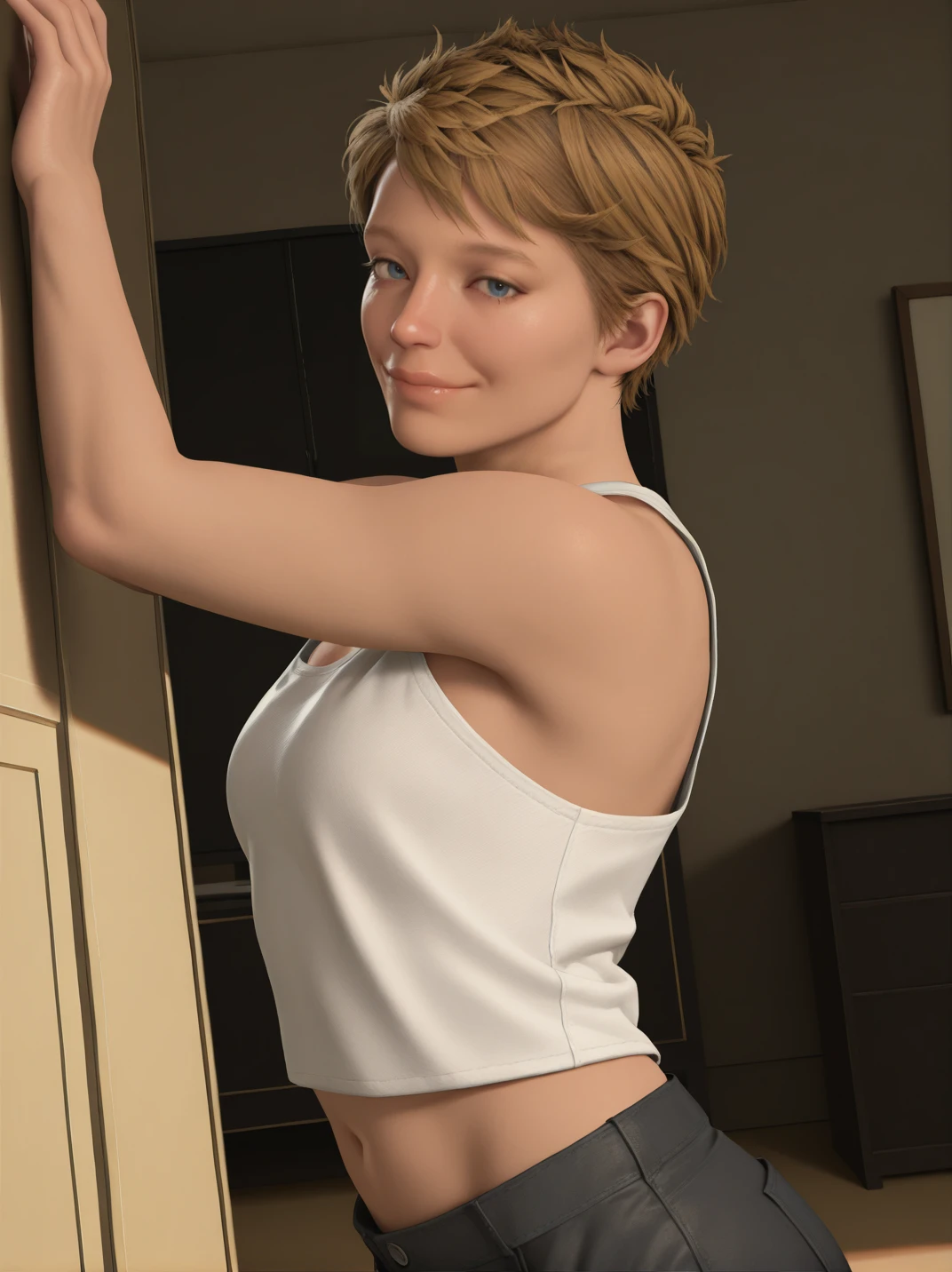 official style, screencap, high quality, realistic,
1girl, (FragilXL:1.1), blue eyes, blonde hair, short hair, white tank top, navel, pants, bare shoulders,
light smile, dutch angle, naughty pose, looking at viewer, arms up, solo, dynamic pose, cowboy shot, head tilt, sexually suggestive, indoors, from side, 
<lora:AFragil_character:1>