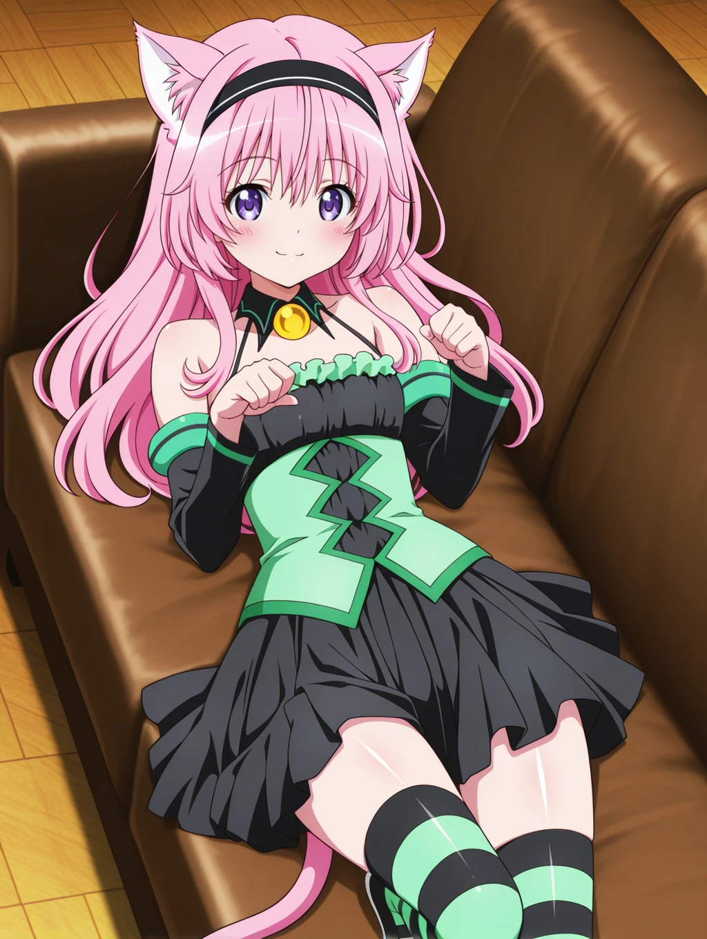 1girl, solo, very awa, absurdres, highres, absurdres, newest, masterpiece, best quality, amazing quality, very aesthetic, newest, absurdres, anime coloring, (by hanzou:0.5), (by island (kossori):0.7), by watanabe yoshihiro, BREAK 
 <lora:momodevil-Princess-Dress-Momo+Cosplay-IL0.1-V1:1> momodevil, halterneck, yellow gemstone, black dress, green corset, long sleeves, detached collar, black sleeves, pleated dress, green armbands, green frills, striped thighhighs, detached sleeves, bare shoulders, collarbone, hairband, short dress, zettai ryouiki, corset three holes, black footwear, uwabaki, 
 <lora:ChamNyatashaNyannersNoob:0.8> Ny4nners, purple eyes, pink hair, long hair, cat ears, cat tail, on couch, on back, paw pose, smile, blush, looking at viewer,