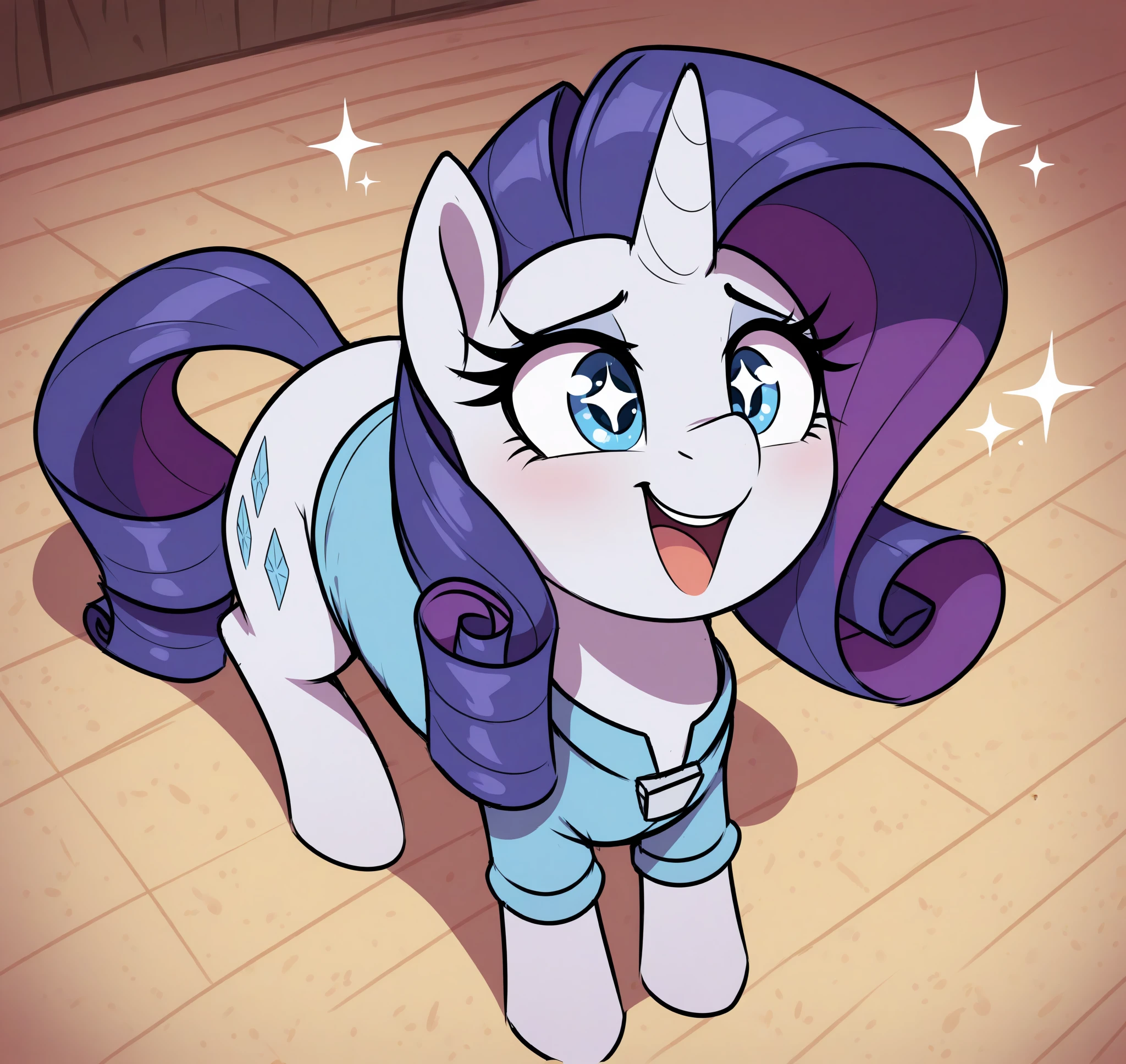 <lora:Thebatfang_Style_Illustrious:0.65> thebatfang, masterpiece, best quality, absurd res, hi res, my little pony, friendship is magic, quadruped, feral, equid, equine, pony, solo, rarity, feral, unicorn, blue eyes, at seaward shoals, sitting, teats , ecstatic, wide open smile, sparkling eyes, flushed face, bird's eye view, top-down, sketch,  clothed