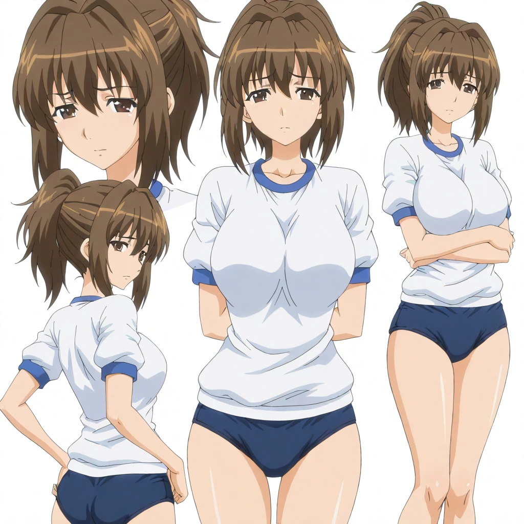 solo,masterpiece,high score,great score,absurdres,anime coloring,looking at viewer,<lora:character_Sheet_XL:0.5> character sheet, multiple views, white background,<lora:SayokoKagami hassakuill30:1> sayokokagami, brown hair, ponytail, brown eyes,gym uniform,buruma,