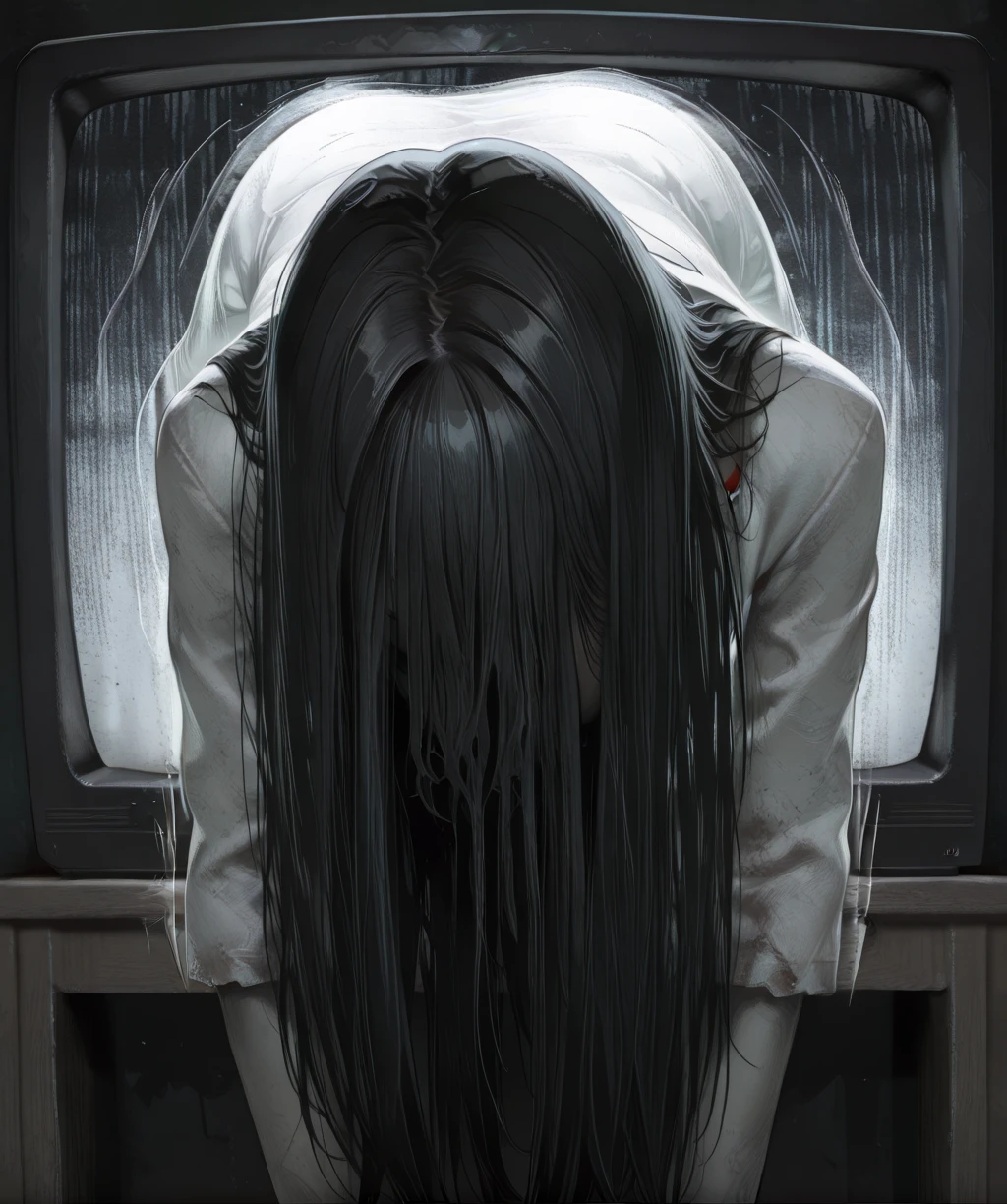 onrygxl, long black hair, hair over face, covered face, hair over eyes,
white dress, solo, head down,
solo, white dress, static, afterimage,
inside television, dark, solo,
(insanely detailed, masterpiece, best quality), front view, <lora:TheOnryoGxl-12v3-ILv3:1>,