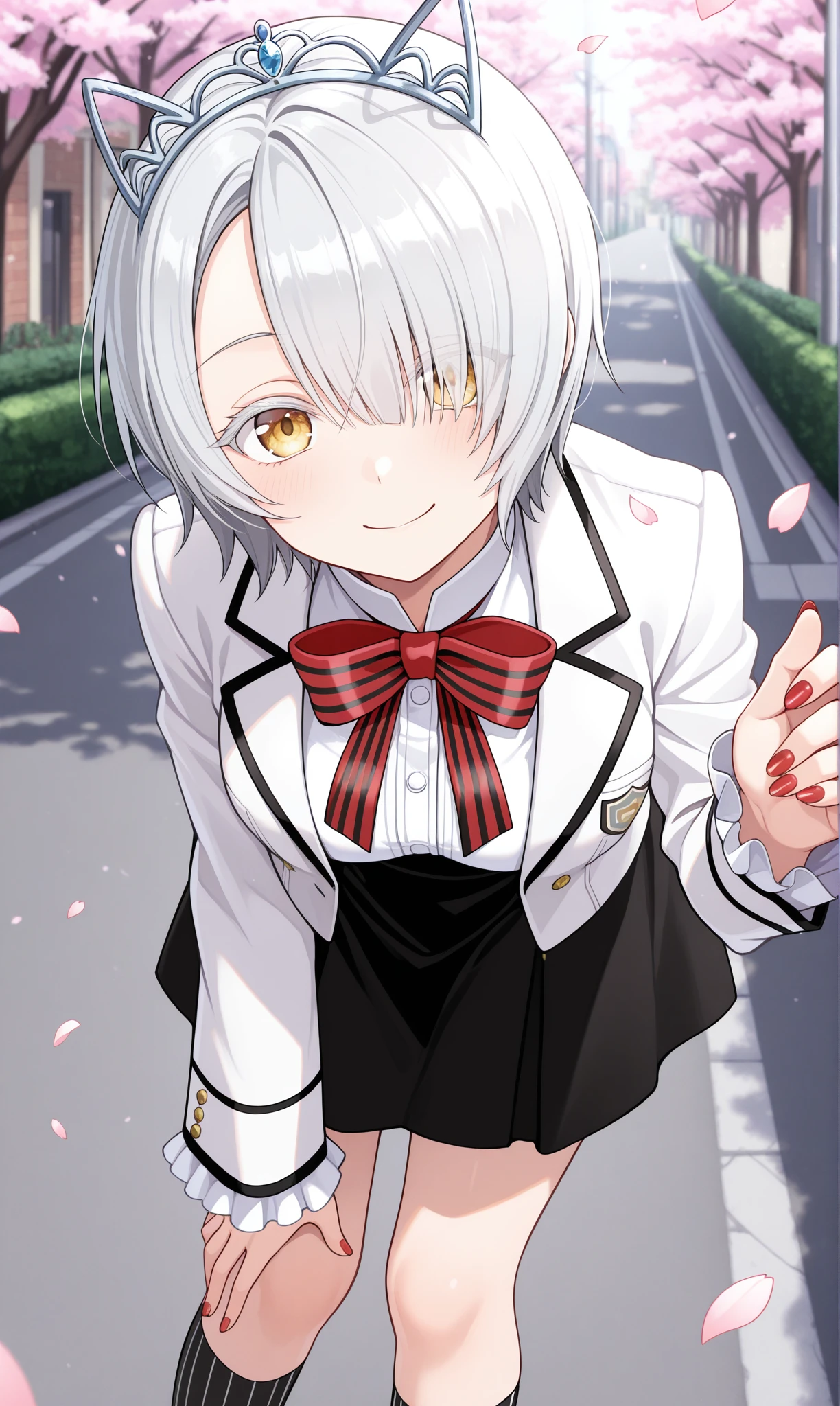 <lora:chartreux_westia_illust_scarxzys:1>, chartreux westia, striped bowtie, red bowtie, dahlia academy boarding school uniform, frilled sleeves, frills, hair over one eye, jacket, school uniform, shirt, short hair, tiara, white hair, white jacket, white shirt, yellow eyes, colored eyelashes, black socks, vertical-striped socks, long sleeves, red nails, fingernails, asymmetrical bangs, 1girl, solo, masterpiece, best quality, amazing quality, cherry blossoms, street, looking at viewer, close-up, leaning forward, smile, wavin