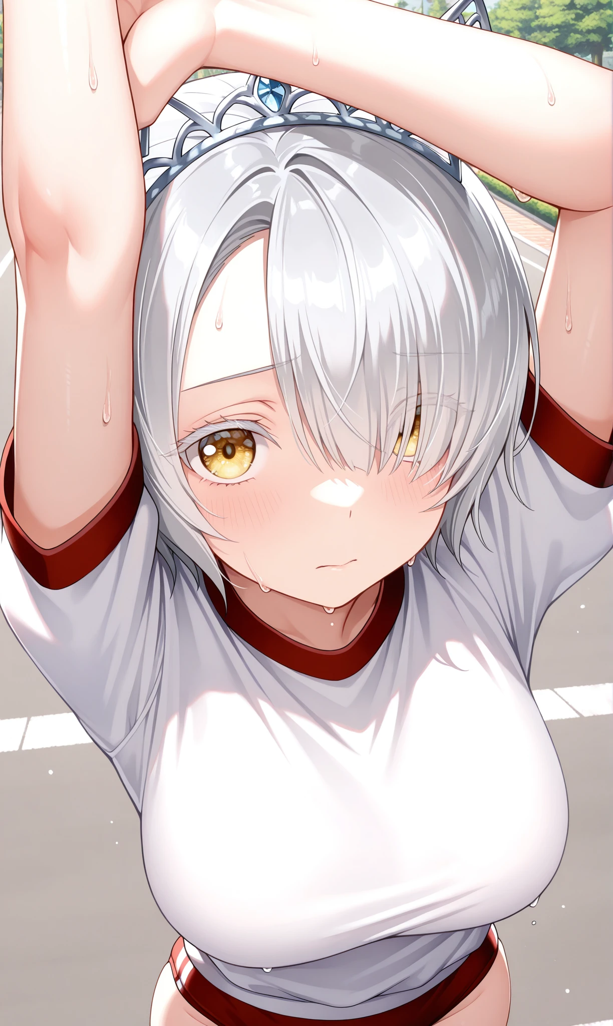 <lora:chartreux_westia_illust_scarxzys:1>, chartreux westia, hair over one eye, short hair, tiara, white hair, yellow eyes, colored eyelashes, asymmetrical bangs, 1girl, solo, masterpiece, best quality, amazing quality, street, park, looking at viewer, close-up, buruma, short sleeves, gym uniform, sweat, arm up, stretching