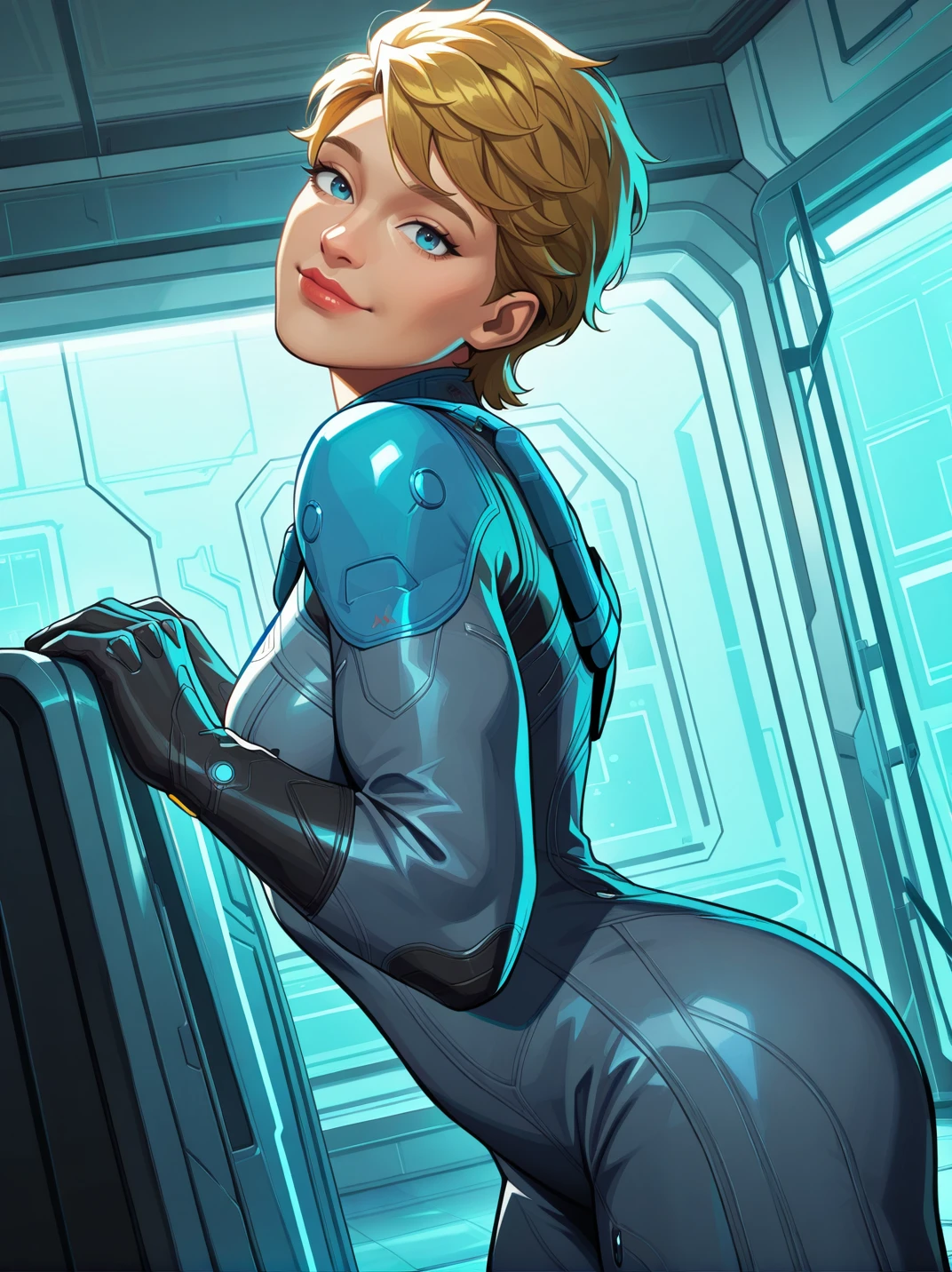 masterpiece, highres, hi res, best quality,,
1girl, (FragilXL:1.1), blue eyes, blonde hair, short hair, bodysuit,, 
light smile, dutch angle, cute pose, looking at viewer, leaning forward, hands at side, from side, solo, dynamic pose, cowboy shot, head tilt, sexually suggestive, indoors, science fiction, lab, from side,
<lora:AFragil_character:0.75>,, <lora:AMarvelRivals_style-06:1> MarvelRivals,,, semi realistic, cartoon