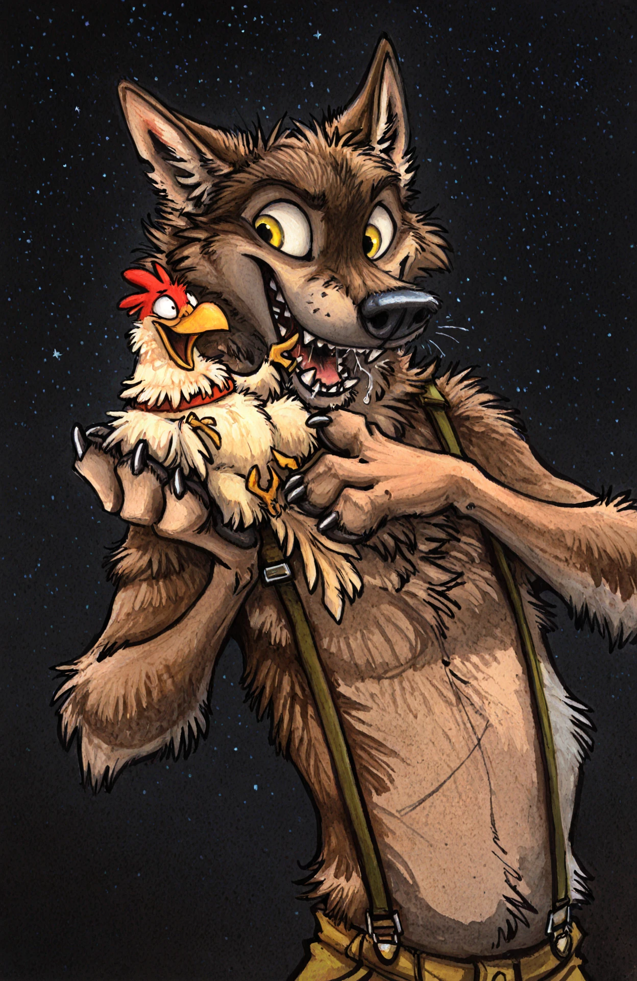 Kenket,
masterpiece, best quality, amazing quality,
cute, suspenders, suspicious, wolf, semi-anthro, biped, sneaking, black background, simple background, holding chickens, star (sky), open mouth, saliva, sharp teeth, (evil smile:0.6),
<lora:Kenket_-_Art_Style:1>,
