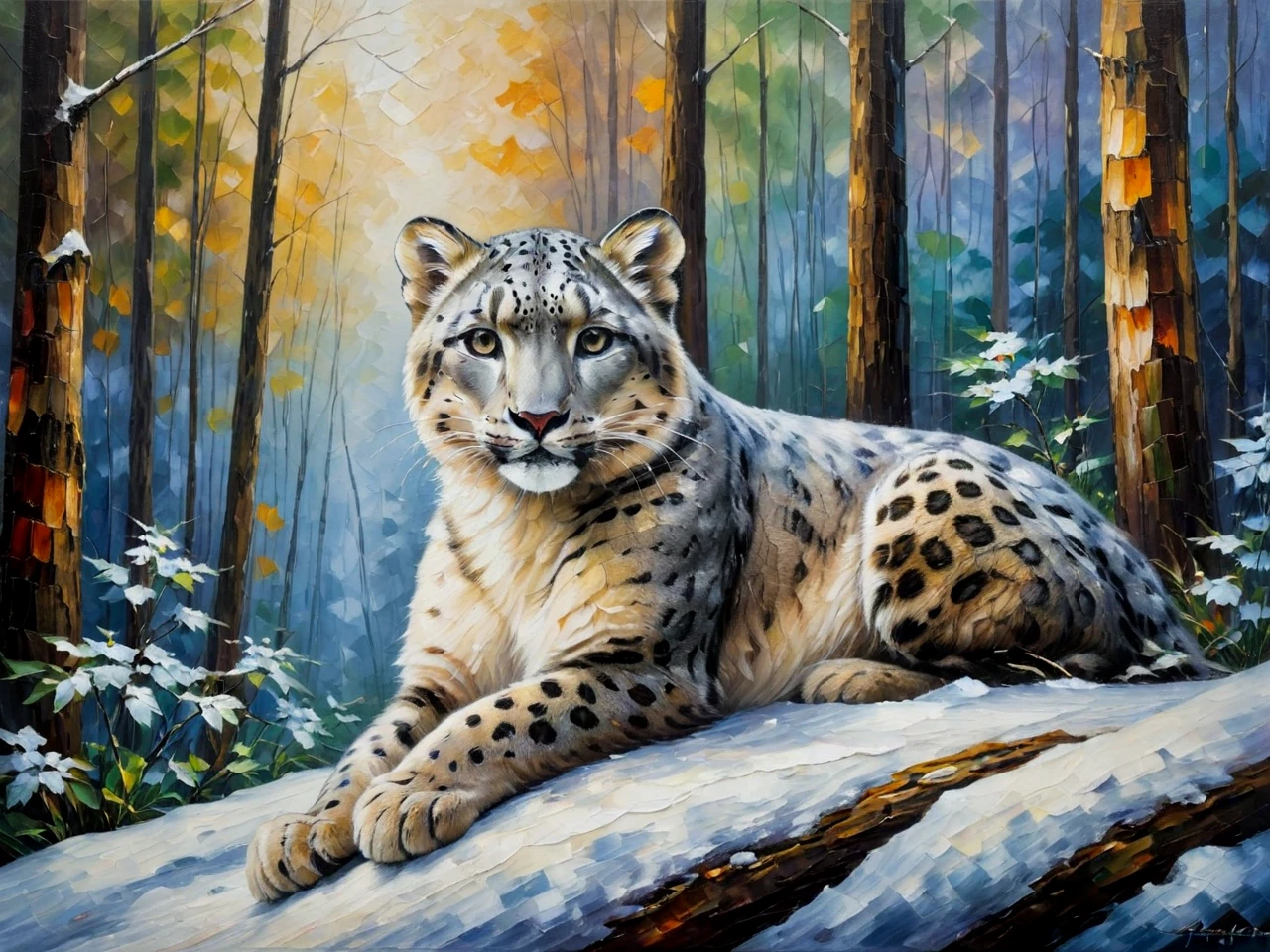 Masterpiece. A painting.
Snow leopard in the forest.
<lora:Afremov01_CE_XL_200-OT:0.6> afrmvCE_style