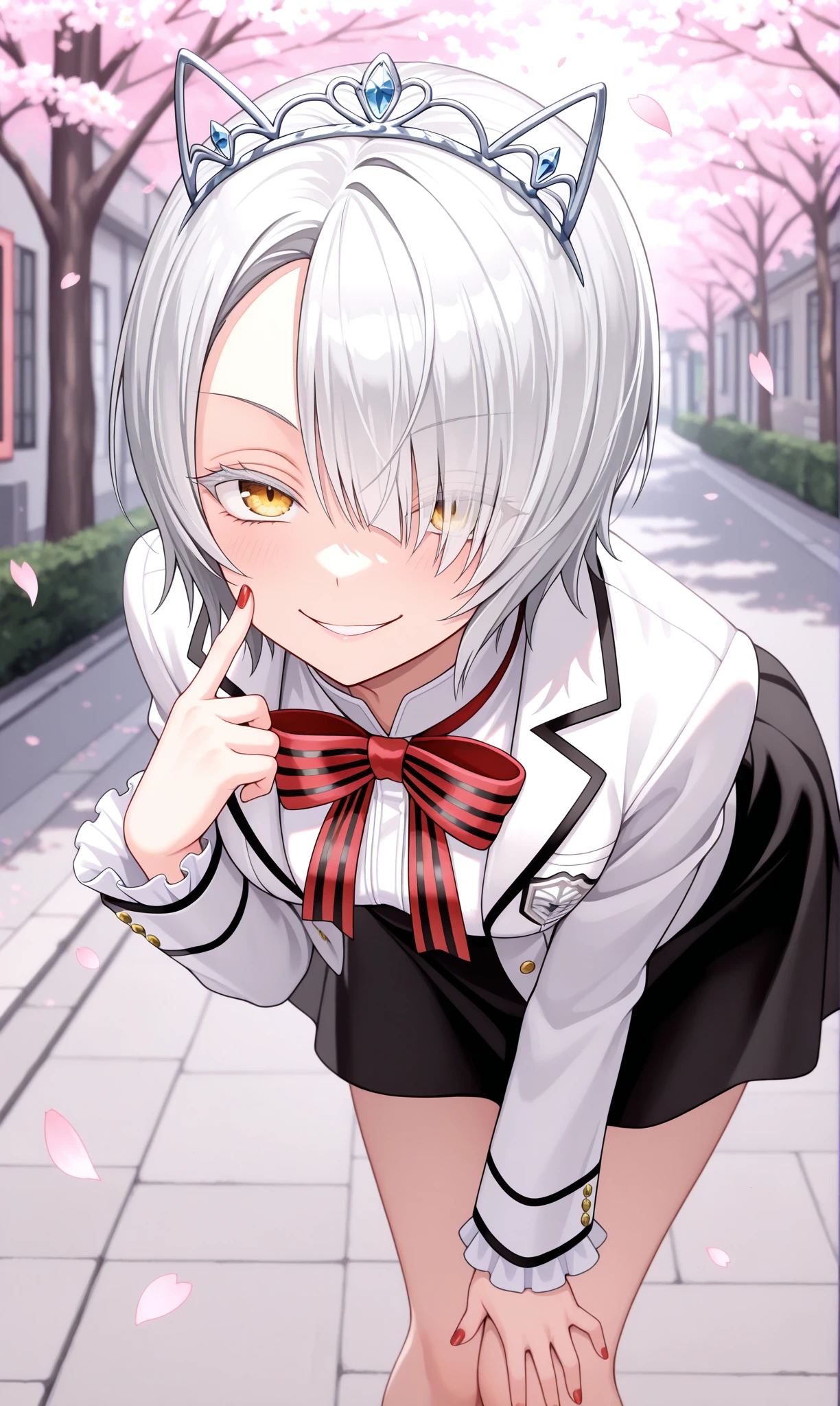 <lora:chartreux_westia_illust_scarxzys:1>, chartreux westia, striped bowtie, red bowtie, dahlia academy boarding school uniform, frilled sleeves, frills, hair over one eye, jacket, school uniform, black skirt, short hair, tiara, white hair, white jacket, white shirt, yellow eyes, colored eyelashes, long sleeves, red nails, fingernails, asymmetrical bangs, 1girl, solo, masterpiece, best quality, amazing quality, cherry blossoms, street, looking at viewer, close-up, leaning forward, evil smile, finger to cheek