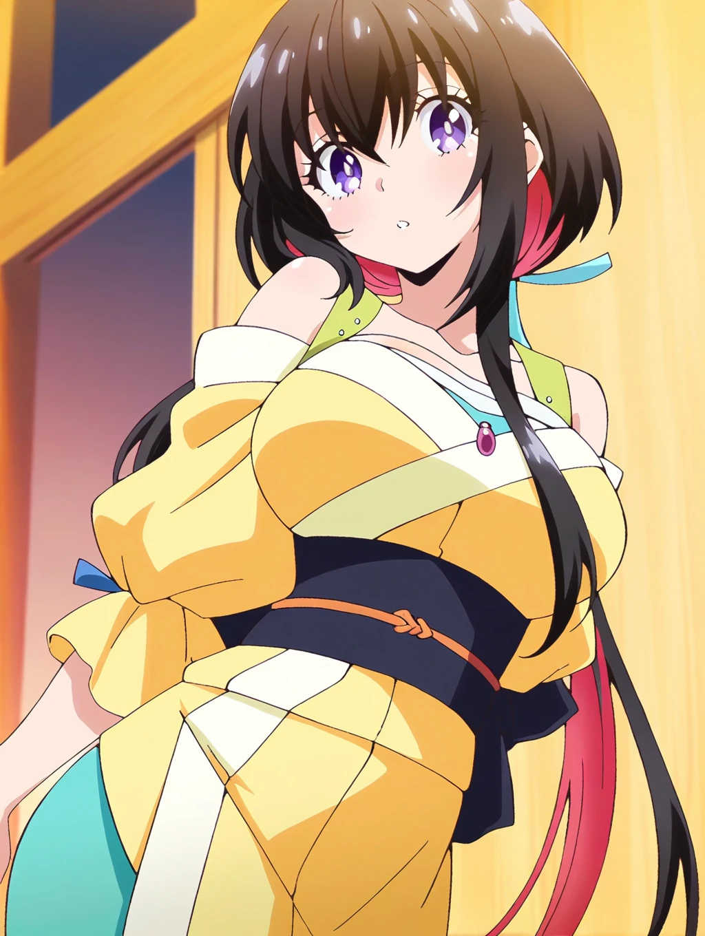 masterpiece,best quality,amazing quality,solo,1girl,<lora:Tsukimiya-ILXL-v1:1>,Tsukimiya,purple_eyes,colored_inner_hair,brack_hair,red_hair,low_ponytail,sidelocks,hair_ribbon,yellow_japanese_dress,off_shoulder,tasuki,jewelry,looking at viewer,