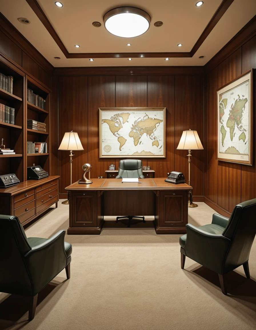 Hidden high within the brutalist skyscraper, the CEOâs office is an anachronistic time capsule, untouched since the 1960s. Unlike the surrounding concrete monotony, this room is paneled in rich, dark walnut wood, with geometric inlays and polished brass accents. From the viewerâs perspective, the large executive desk is centered in the frame, its front edge facing directly toward the viewer. A tall, leather-upholstered chair sits behind the desk, facing forward toward the viewer, with a floor-to-ceiling bookcase behind it, filled with outdated corporate binders, vintage encyclopedias, and Cold War-era dossiers. On the wall behind the chair is a large, faded world map dotted with pins. Muted earth-toned carpeting softens the sound of footsteps, and a pair of green mid-century armchairs are positioned in the foreground, facing the desk. A rotary telephone, an old intercom box, and a heavy ashtray rest on the desk surface. Dim lighting comes from a Sputnik-style ceiling fixture and a pair of brass floor lamps with amber glass shades. Another wall features a black-and-white photo of the building under construction, while a sealed filing cabinet hums faintly in the corner. The air smells faintly of dust, paper, and aging leather. There are no windows. The atmosphere is frozen in timeâcontrolled, nostalgic, and subtly ominous.CEO 0ff1c3 <lora:CEO_0ff1c3-i:1>, Masterpiece,best quality,hi res,8k,hi res,8k,award winning,(sharp focus, intricate, highly detailed),