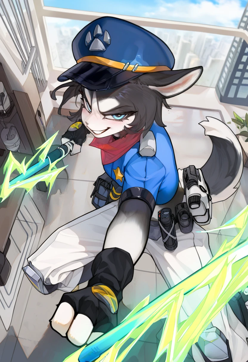 <lora:SLC_Scarlett_a1_1_NoobXL-eps:1>,<lora:Spall_Style_Ill_V2:0.5>,<lora:EatSleep1111StyleSDXL11:0.7>,eatsleep1111,artist:spaal,masterpiece,best quality,amazing quality,high quality,very aesthetic,absurdres,newest,shaded,digital media \(artwork\),depth of field,slcsrlt,anthro,female,indoors,detailed background,pose,grin,police hat,police uniform,pawprint,fingerless gloves,city,open smile,action pose,whip,electricity,