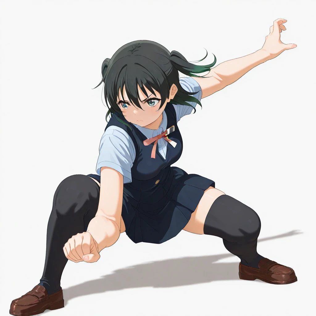 1girl,, <lora:gokuPose3_V1_illustrious:1>,gokupose3,solo,fighting stance,white background,simple background,full body,serious,frown,clenched hand,shadow,closed mouth,crouching,leaning forward,one arm extended,other arm bent,wide stance,martial arts pose, masterpiece, best quality, amazing quality, newest,detailed face, beautiful eye,, love live! nijigasaki high school idol club,takasaki yuu,,two-tone hair,black hair,twintails,between her eyes,nijigasaki academy school uniform,thighhighs,