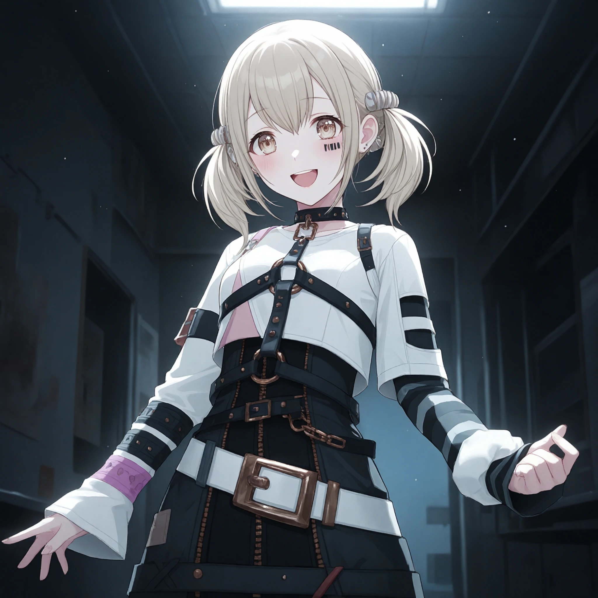 nijistyle, 1girl, azusawa kohane, project sekai, solo,
flightkid, beige eyes, detailed eyes, four fingers and thumb,
looking at viewer, :D, arm at side, cowboy shot,
asymmetrical sleeves, white sleeve, long sleeve, black skirt, chain, striped sleeve, shirt, choker, black choker, gloves, zipper, white shirt, single face tattoo, hair horn ornaments,
dark, midnight, messy ruin, glowing, indoors, dark atmosphere,
masterpiece, best quality, amazing quality, very aesthetic, highres, ultra detailed,
<lora:hand 5.5:1>, <lora:IL-style-nijistyle02:0.6>, <lora:IL-vbs-HitsujiKh03:0.7>