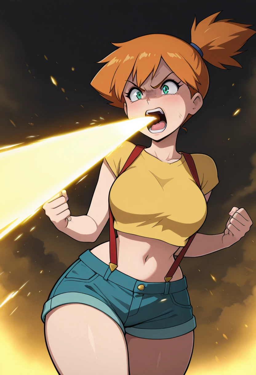masterpiece, best quality, solo, curvy, beautiful eyes, narrow waist, wide hips, 1girl, solo, hyp3rb34m, angry, clenched fists, yellow beam, <lora:HyperBeam_IXL_v1:1.0>, BREAK, zzMisty, green eyes, orange hair, short hair, side ponytail, shorts, suspenders, midriff, yellow crop top, navel, denim shorts, <lora:MistyPokemonIXL:1.0>,