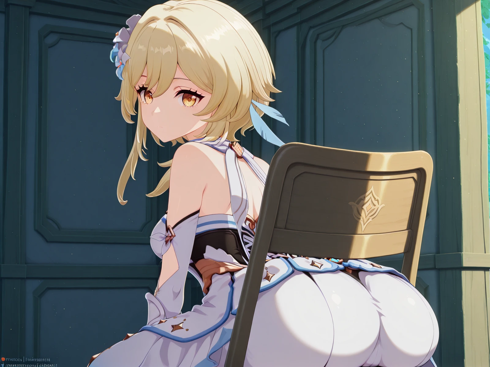 masterpiece, best quality, amazing quality,, <lora:genshin-lumine-ingame-illustriousxl-lora-nochekaiser:1>, lumine, lumine (genshin impact), bangs, blonde hair, hair ornament, hair between eyes, yellow eyes, flower, hair flower, feather hair ornament, mature female, medium breasts, 3d,, <lora:stuck-in-chair-illustriousxl-lora-nochekaiser:1>, stuck in chair, solo, looking at viewer, sitting, looking back, from behind, ass focus, on chair,, , ,