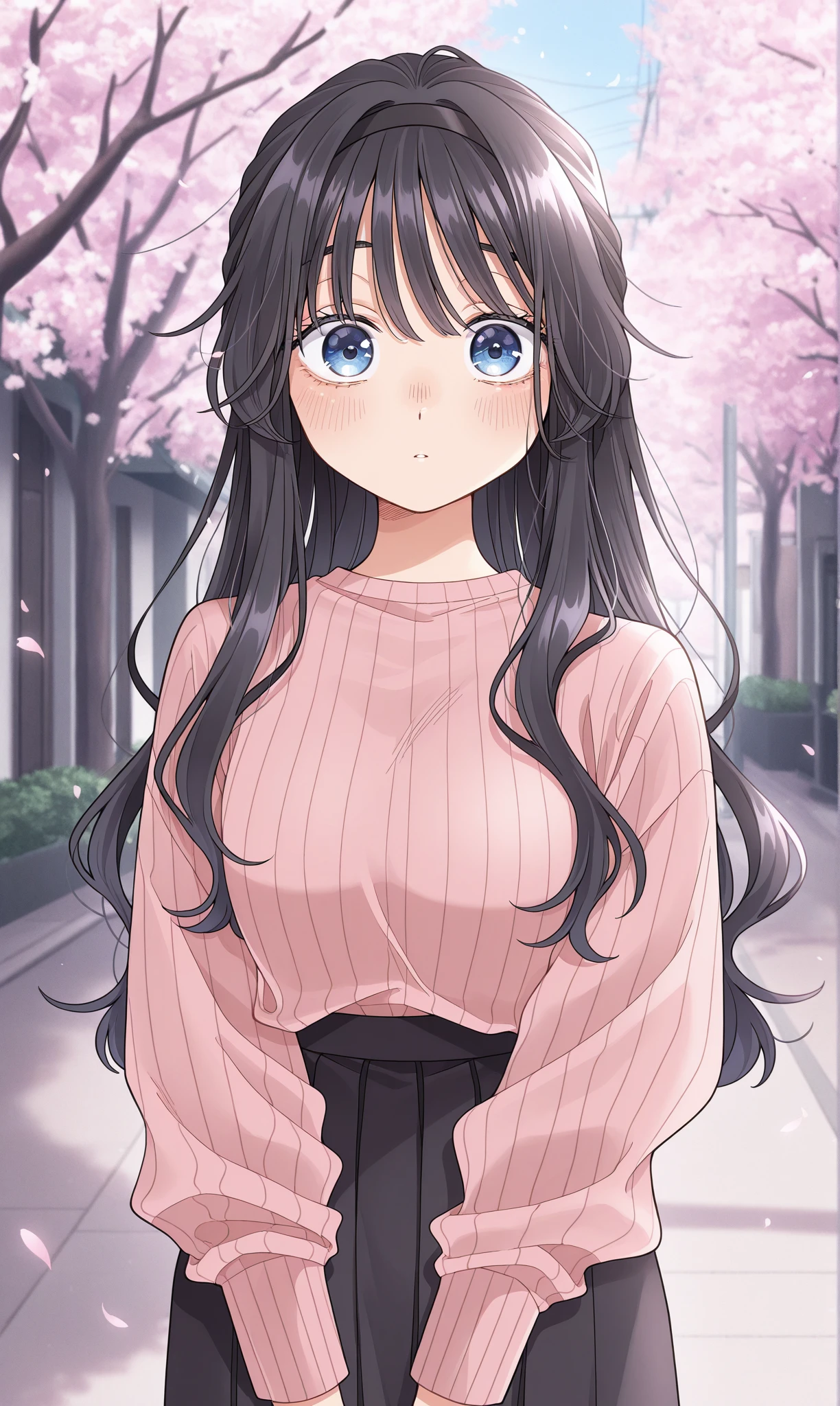<lora:waguri_kaoruko_illust_scarxzys:1>, waguri kaoruko, blue eyes, black hair, long hair, hairband, pink sweater, ribbed sweater, black skirt, long skirt, long sleeves, shirt tucked in, 1girl, solo, masterpiece, best quality, amazing quality, street, cherry blossoms, looking at viewer