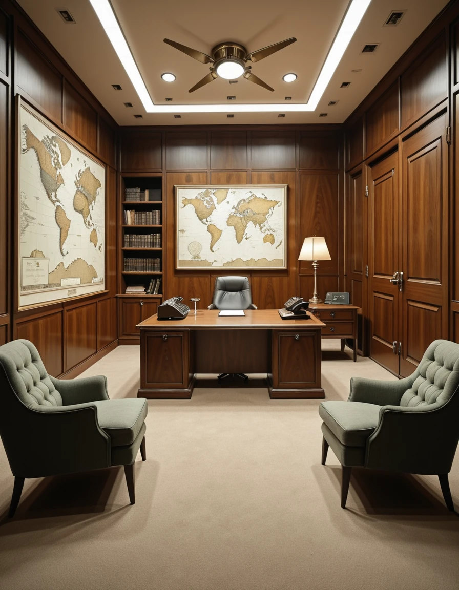 Hidden high within the brutalist skyscraper, the CEOâs office is an anachronistic time capsule, untouched since the 1960s. Unlike the surrounding concrete monotony, this room is paneled in rich, dark walnut wood, with geometric inlays and polished brass accents. From the viewerâs perspective, the large executive desk is centered in the frame, its front edge facing directly toward the viewer. A tall, leather-upholstered chair sits behind the desk, facing forward toward the viewer, with a floor-to-ceiling bookcase behind it, filled with outdated corporate binders, vintage encyclopedias, and Cold War-era dossiers. On the wall behind the chair is a large, faded world map dotted with pins. Muted earth-toned carpeting softens the sound of footsteps, and a pair of green mid-century armchairs are positioned in the foreground, facing the desk. A rotary telephone, an old intercom box, and a heavy ashtray rest on the desk surface. Dim lighting comes from a Sputnik-style ceiling fixture and a pair of brass floor lamps with amber glass shades. Another wall features a black-and-white photo of the building under construction, while a sealed filing cabinet hums faintly in the corner. The air smells faintly of dust, paper, and aging leather. There are no windows. The atmosphere is frozen in timeâcontrolled, nostalgic, and subtly ominous.CEO 0ff1c3 <lora:CEO_0ff1c3-i:1>, Masterpiece,best quality,hi res,8k,hi res,8k,award winning,(sharp focus, intricate, highly detailed),