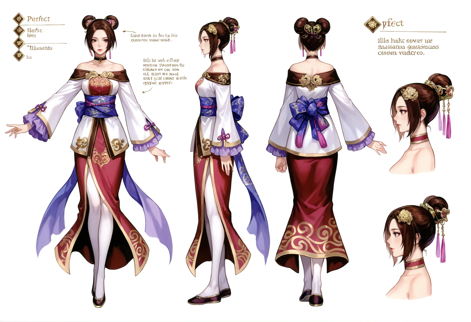 <lora:add-detail-xl:1>,masterpiece,best quality,absurdres,highres,detailed eyes,beautiful,detailed background,perfect eyes,realistic,solo,
character design sketch,white background,simple background,reference sheet,multiple views,character design,english text,
(front view:1.3),(from behind:1.3),(from side:1.3),(full body:1.3),upper body,lower body,cowboy_shot,portait,profile,
<lora:Diaochan:1>,1girl,solo,brown hair,dress,chinese clothes,hair ornament,pantyhose,brown eyes,bare shoulders,shoes,long sleeves,hair bun,short hair,flats,choker,sash,white pantyhose,