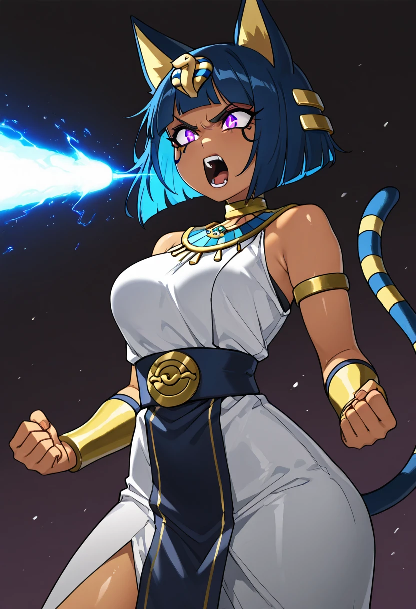 masterpiece, best quality, solo, curvy, beautiful eyes, narrow waist, wide hips, 1girl, solo, hyp3rb34m, angry, clenched fists, blue beam, <lora:HyperBeam_IXL_v1:1.0>, BREAK, zzAnkha, animal crossing, animal ears, armlet, bare shoulders, belt, blonde hair, blue hair, blunt bangs, blunt ends, bob cut, cat ears, cat girl, cat tail, cropped, daniel deng, dark skin, dress, eye of horus, eyelashes, eyes visible through hair, facial tattoo, humanization, purple eyes, shiny skin, short hair, slit pupils, tattoo, usekh collar, white dress, <lora:AnkhaIXL:1.0>,