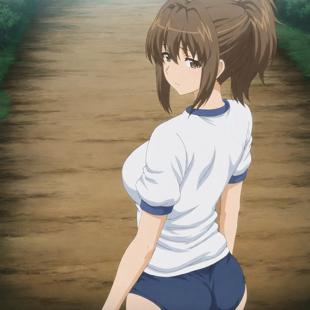 solo,masterpiece,high score,great score,absurdres,anime coloring,looking at viewer,<lora:SayokoKagami hassakuill30:1> sayokokagami, brown hair, ponytail, brown eyes,gym uniform,buruma,from back,