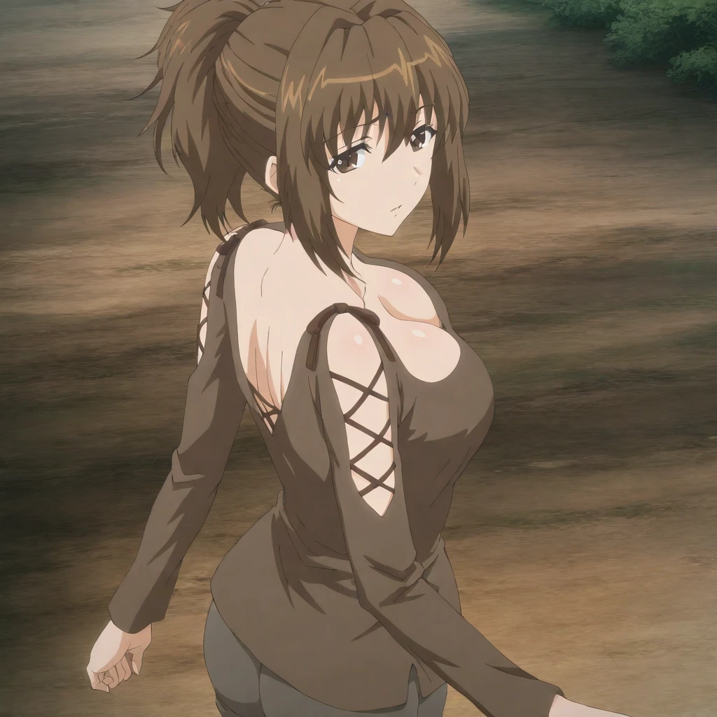 solo,masterpiece,high score,great score,absurdres,cowboy_shot,anime coloring,looking at viewer,<lora:SayokoKagami hassakuill30:1> sayokokagami, brown hair, ponytail, brown eyes,long sleeves,shoulder cutout,cleavage,pants,from back,