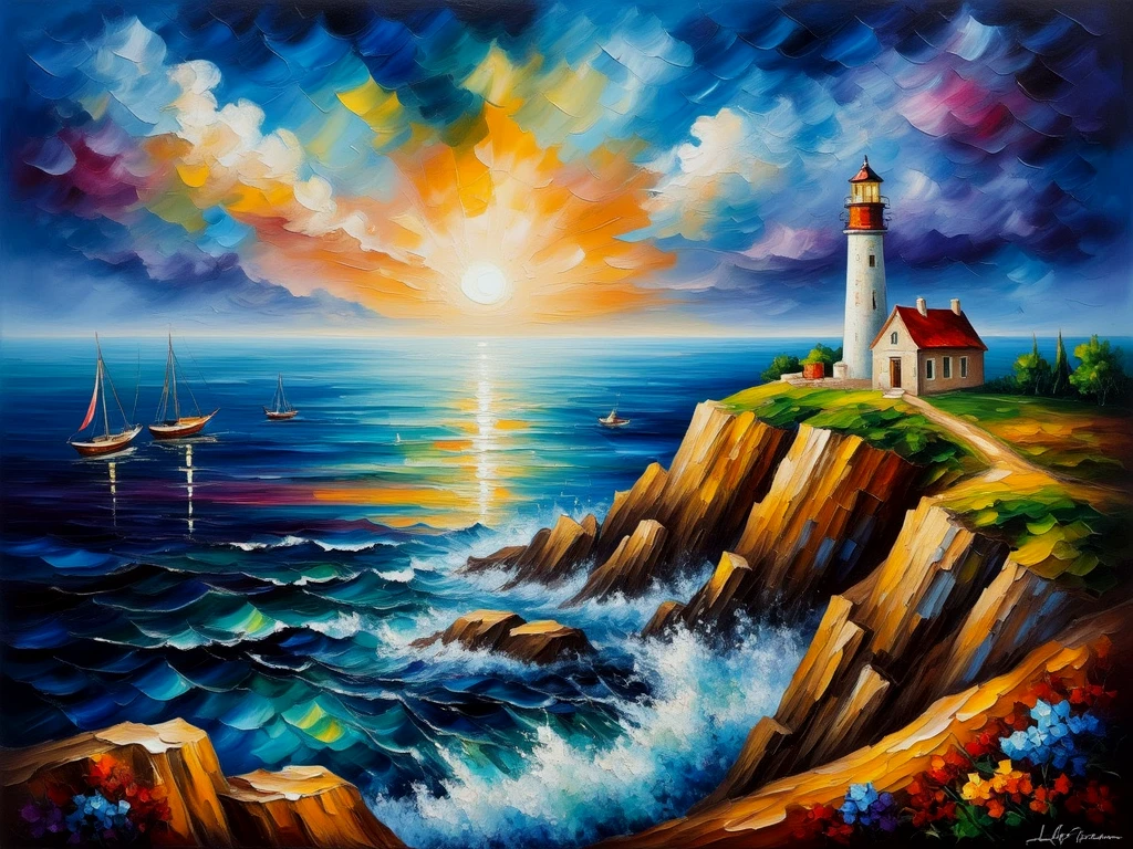A painting.
A beam o flight shines from a lighthouse on a clifftop on a stormy night.
afrmvCE_style