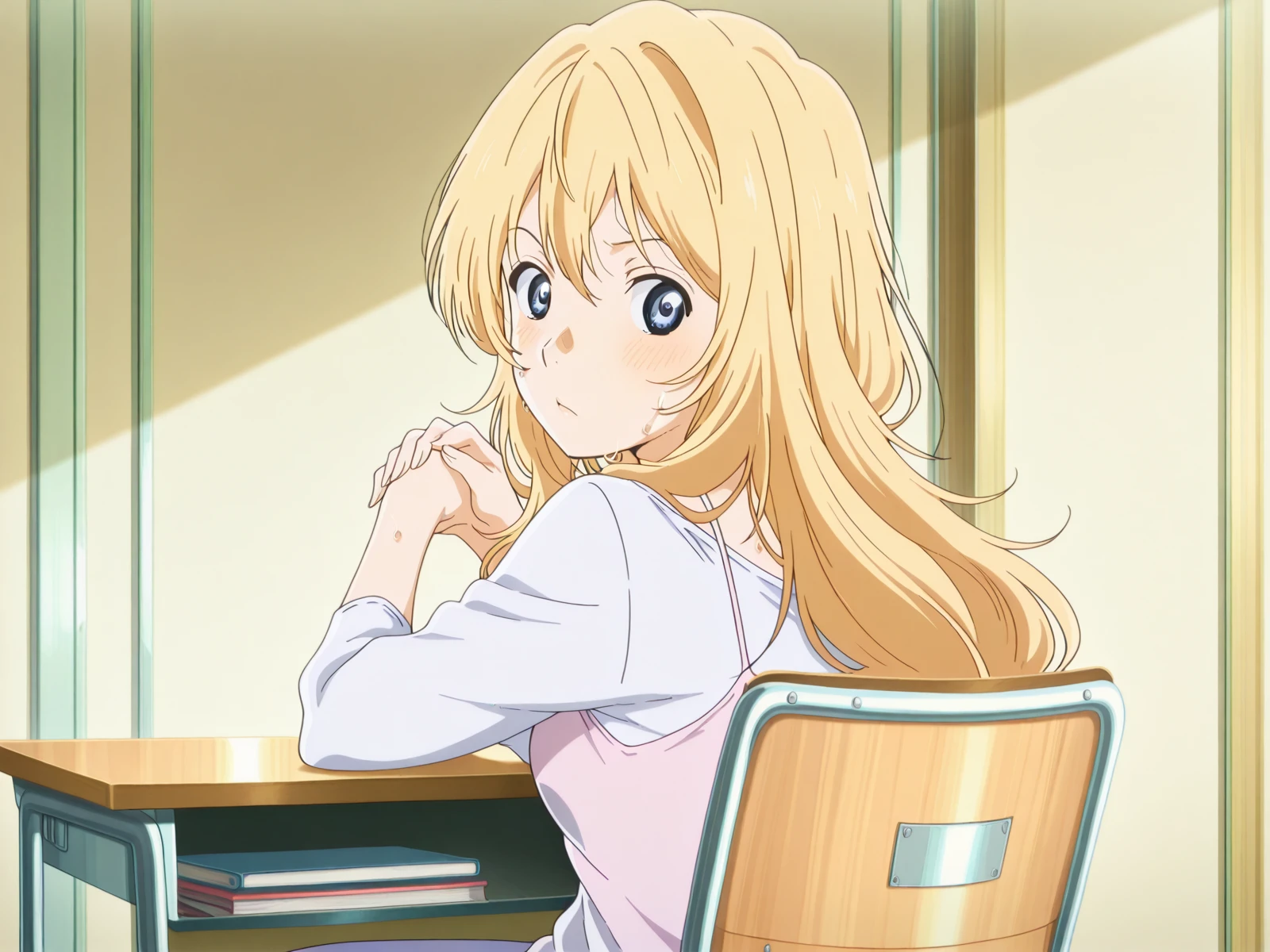 masterpiece, best quality, amazing quality,, <lora:kaori-miyazono-s1-illustriousxl-lora-nochekaiser:1>, kaori miyazono, long hair, blonde hair, blue eyes, mature female, small breasts, anime screencap,, <lora:stuck-in-chair-illustriousxl-lora-nochekaiser:1>, stuck in chair, solo, looking at viewer, blush, sitting, sweat, looking back, from behind, chair, own hands together, desk, on chair,, , ,