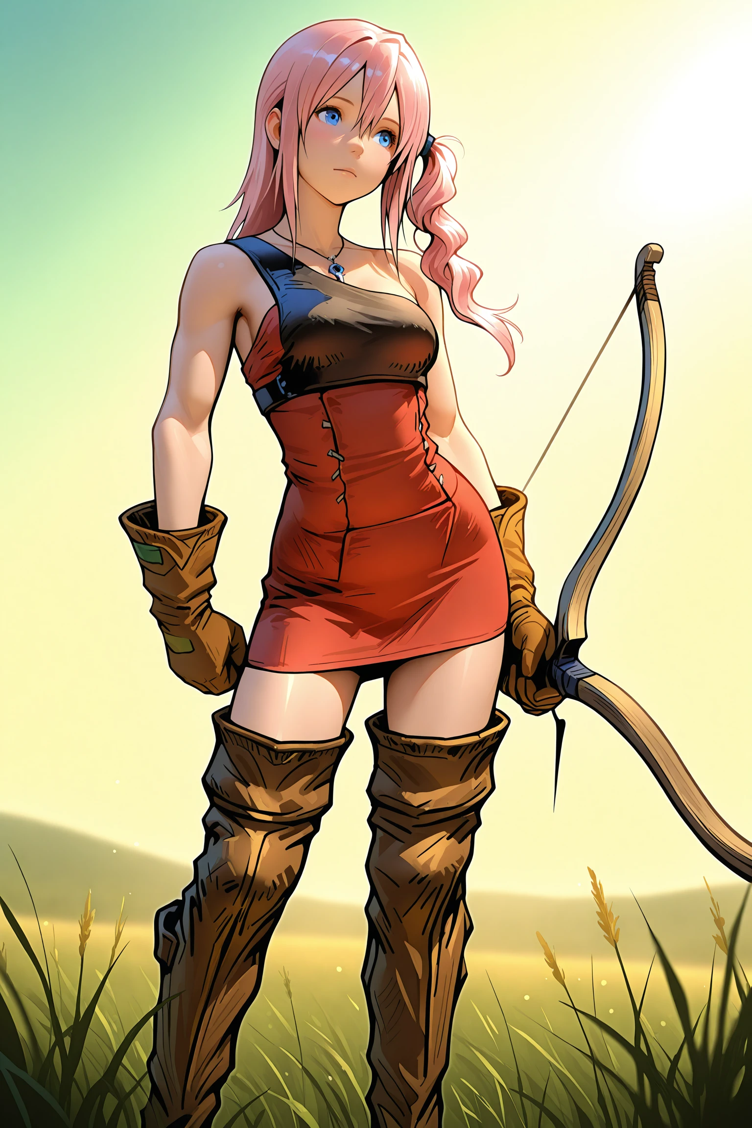 1girl, <lora:fft_archerV1_illustrious:0.8>, muneate,fft_archer,red_dress,short dress,sleeveless dress,thigh boots,brown footwear,leather gloves,leather boots,brown gloves,gloves,full body, outdoor,bow \(weapon\),, masterpiece, best quality, amazing quality, newest,detailed face, beautiful eye, <lora:Serah [Illustrious] Final Fantasy XIII:1>,blue eyes, pink hair, long hair, side ponytail,///necklace, pendant
