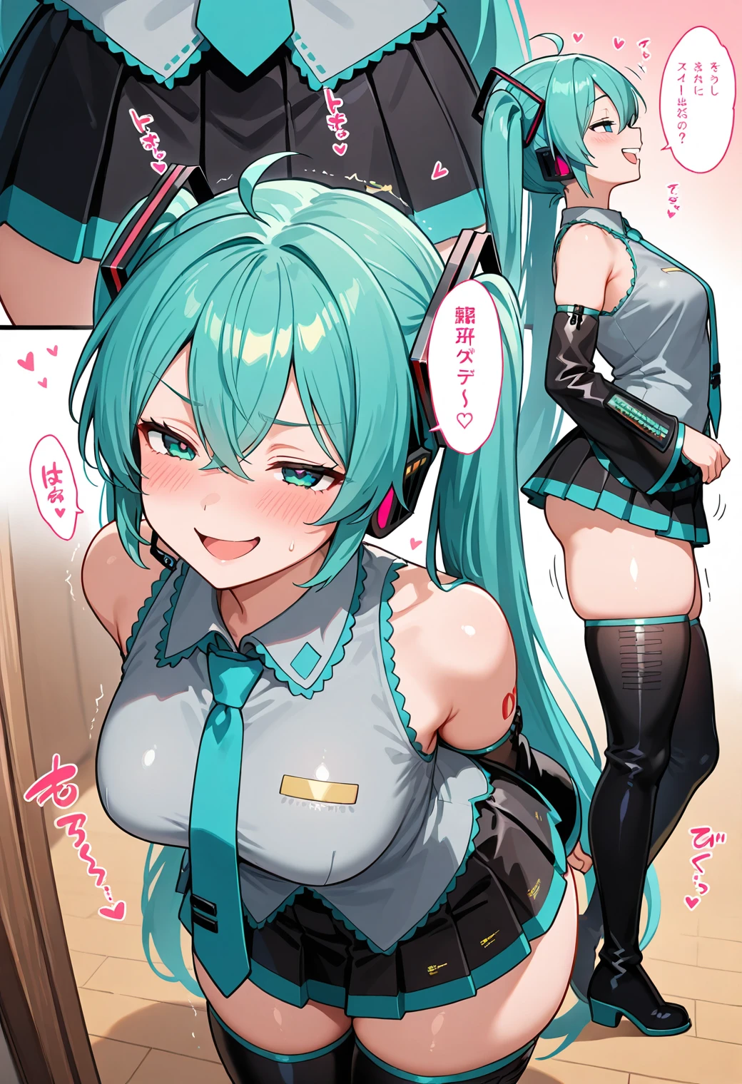 (nsfw:1), (Uncensored:1), (Best quality:1.0), (masterpiece:1.2), masterpiece, best quality, newest, highres, detailed eyes,
(Japanese Text:2)
<lora:FComic1To3Page_IL_V1:1>
(1page),comic,multi view, frame, text, speech bubble, frame, heart, trembling, focus line, vibrating line, comic expression, sound effect, 1girl, solo focus, (full body:1.3), (cowboy shot),
blush, open mouth, smug, smirk,
mikuhatsune, miku hatsune, ahoge, aqua eyes, aqua hair, crossed bangs, hair between eyes, hair ornament, headphones, long hair, twintails, mature female,
aqua necktie, black footwear, black skirt, black sleeves, boots, collared shirt, detached sleeves, grey shirt, necktie, pleated skirt, shirt, skirt, sleeveless, sleeveless shirt, thigh boots, tie clip,
(mature female:1), huge brests:1, shiny skin, oily skin, Thick thighs, voluptuous lower body,