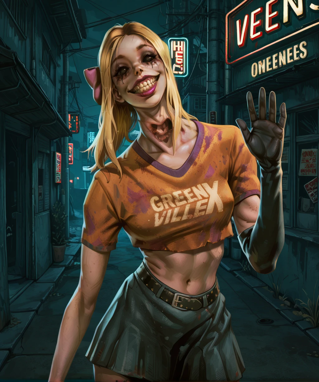 unknownpepxl, blonde hair, hair bow, orange shirt, no pupils, black sclera, teeth, runny makeup, lipstick,
head tilt,
looking at viewer, solo, midriff, toned, belt, hip, skirt, single elbow glove, waving,
neon lights, night, movie lot,
standing,
solo,
(insanely detailed, masterpiece, best quality), front view, <lora:unknownPepXL-12v2-IL:1>,