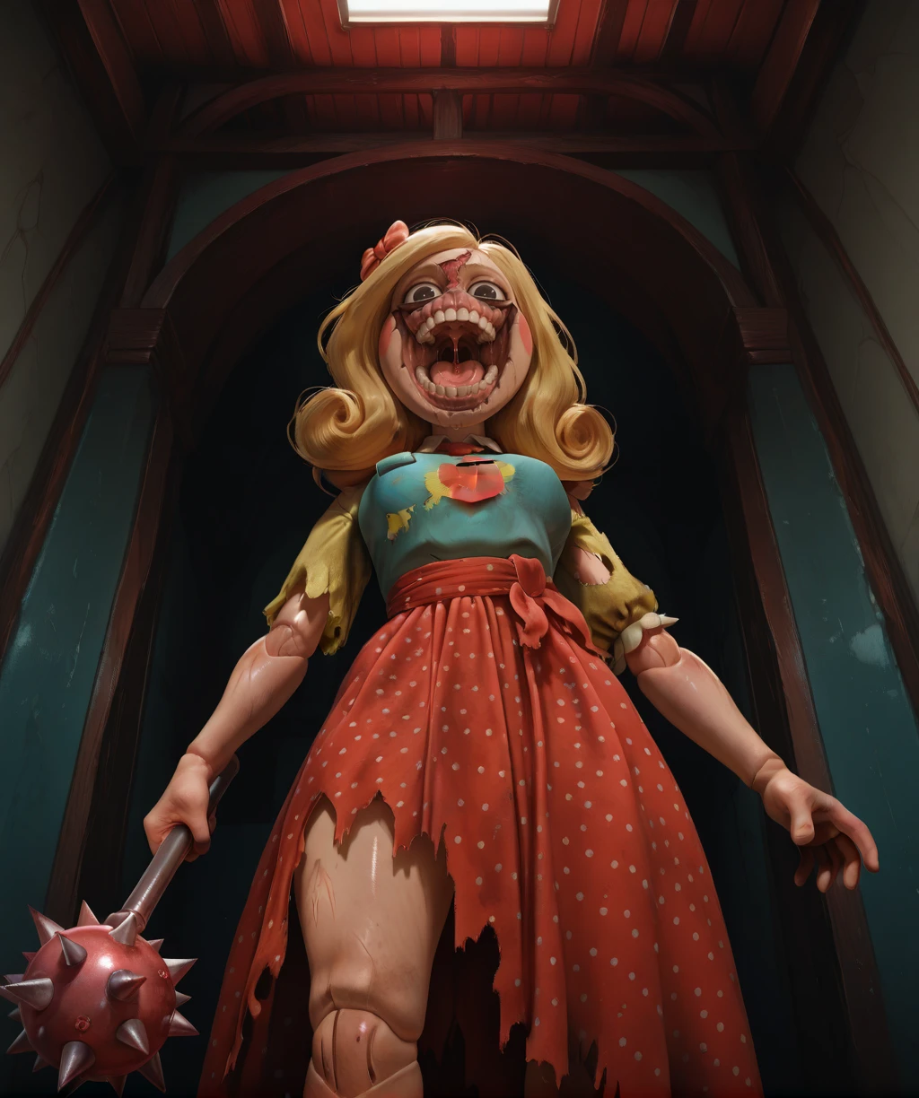 score_9, score_8_up, score_7_up, score_6_up, score_5_up, score_4_up,
mssdlghtxl, black eyes, blonde hair, single hair bow, teeth, open mouth, saliva,
necktie, dress,
looking at viewer, from below, colored mace, holding weapon,
indoors, colored room, dark,
solo,
(insanely detailed, masterpiece, best quality), <lora:missdelightXL-12v1-iLL:1>,
covered nipples, solo, standing, torn clothes, injury, serious,