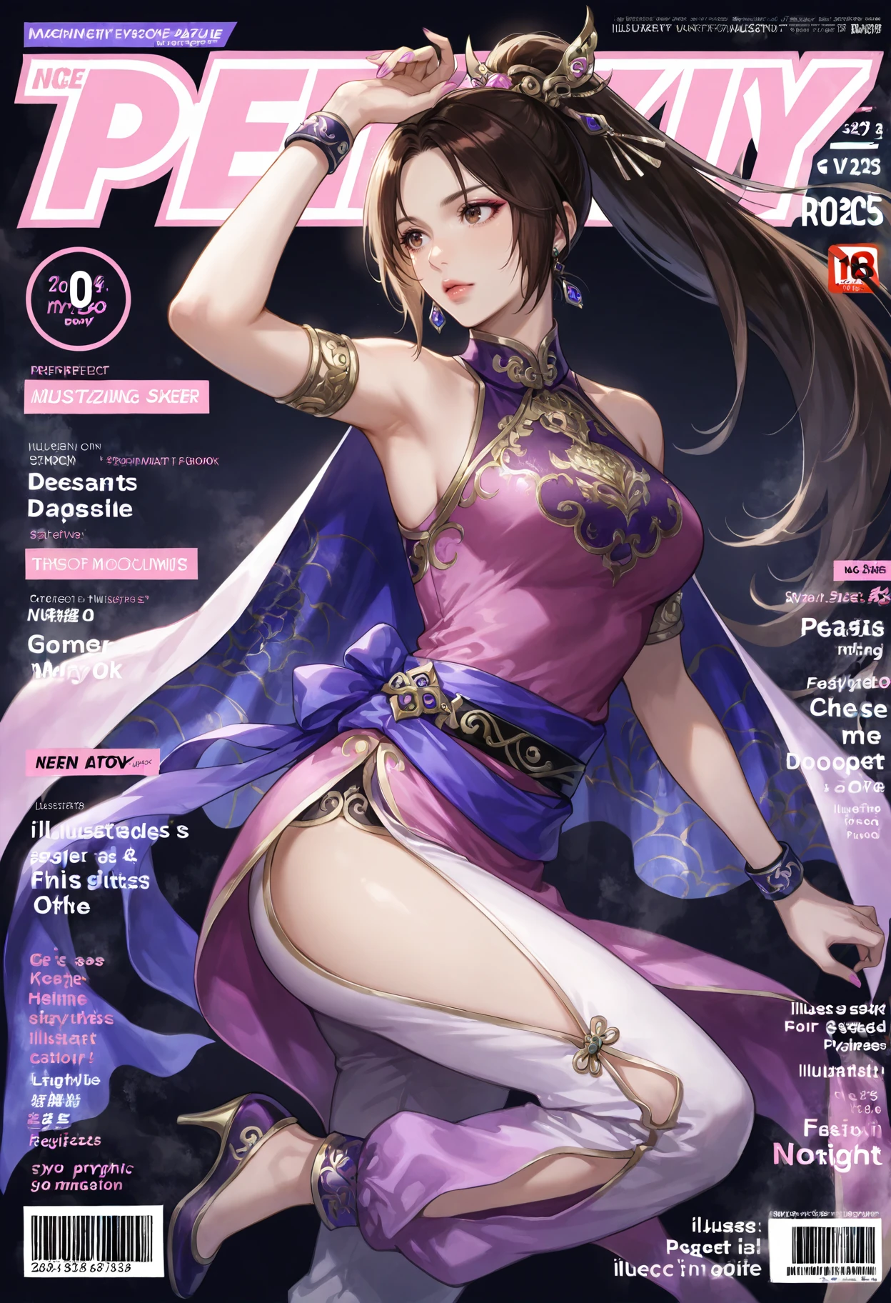 <lora:add-detail-xl:1>,masterpiece,best quality,absurdres,highres,detailed eyes,beautiful,detailed background,perfect eyes,realistic,solo,
magazine cover,fake magazine cover,english text,cover,fake cover,price,cover page,text focus,barcode,dated,cowboy shot,dynamic pose,
<lora:Diaochan:1>,1girl,jewelry,long hair,high heels,bracelet,dress,earrings,ponytail,brown hair,hair ornament,bare shoulders,pants,belt,black hair,shoes,chinese clothes,armlet,breasts,purple dress,pink dress,cape,brown eyes,lips,sash,sleeveless,thigh cutout,