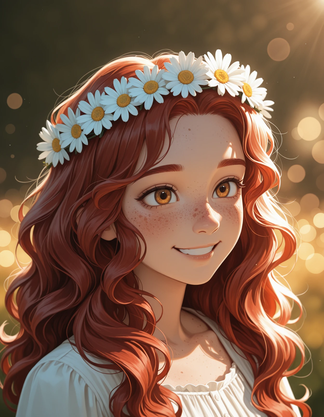 1girl, medium shot, freckles, red wavy hair, daisy flower crown, smiling, sunlight bokeh background, detailed eyes, warm lighting, soft shadows, ultra detailed, masterpiece
