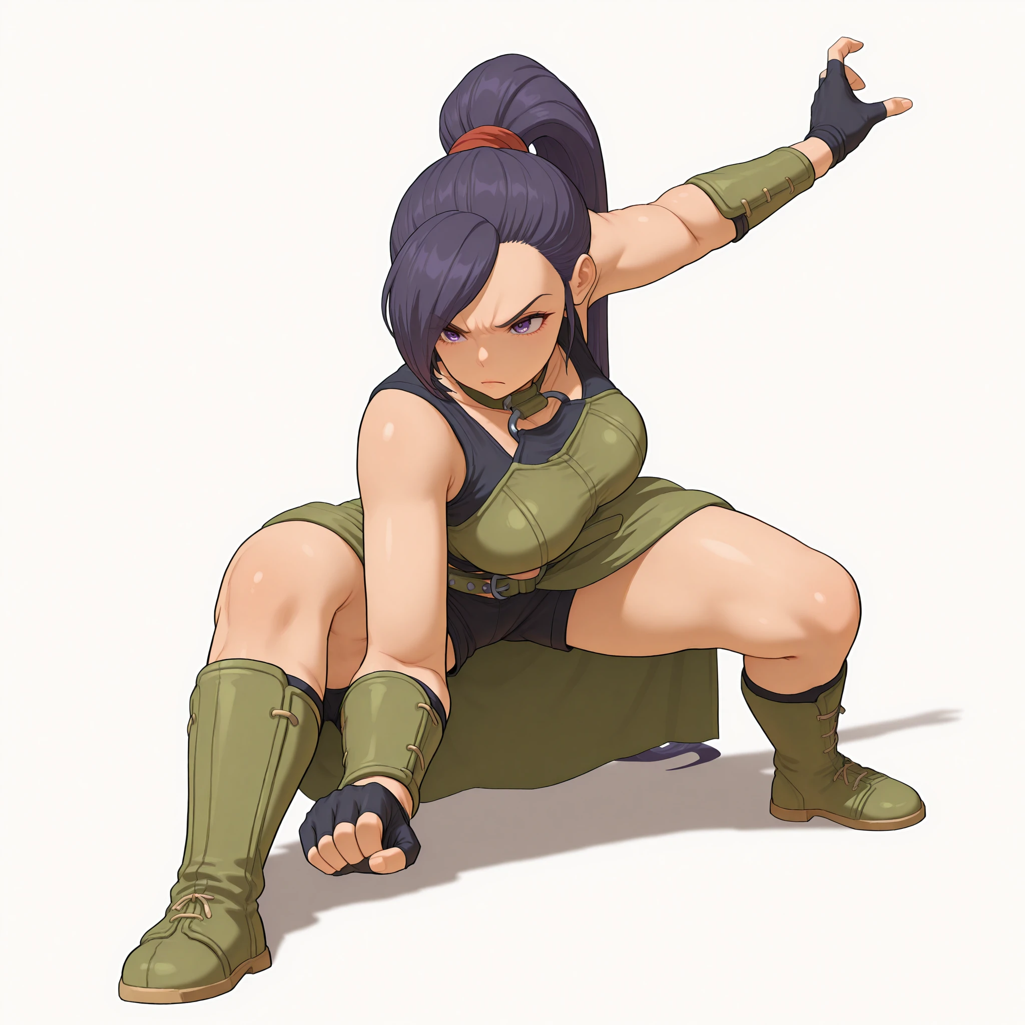 1girl,, <lora:gokuPose3_V1_illustrious:1>,gokupose3,solo,fighting stance,white background,simple background,full body,serious,frown,clenched hand,shadow,closed mouth,crouching,leaning forward,one arm extended,other arm bent,wide stance,martial arts pose, masterpiece, best quality, amazing quality, newest,detailed face, beautiful eye,, <lora:Hoseki_DragonQuest_Jade_IllustriousXL_v1:1>,m4rt, large breasts, purple eyes, purple hair, very long hair, swept bangs, high ponytail,hair scrunchie, green collar, o-ring top, green crop top, black tank top, green belt, green showgirl skirt, black shorts, green vambraces, black fingerless gloves, green boots, knee boots