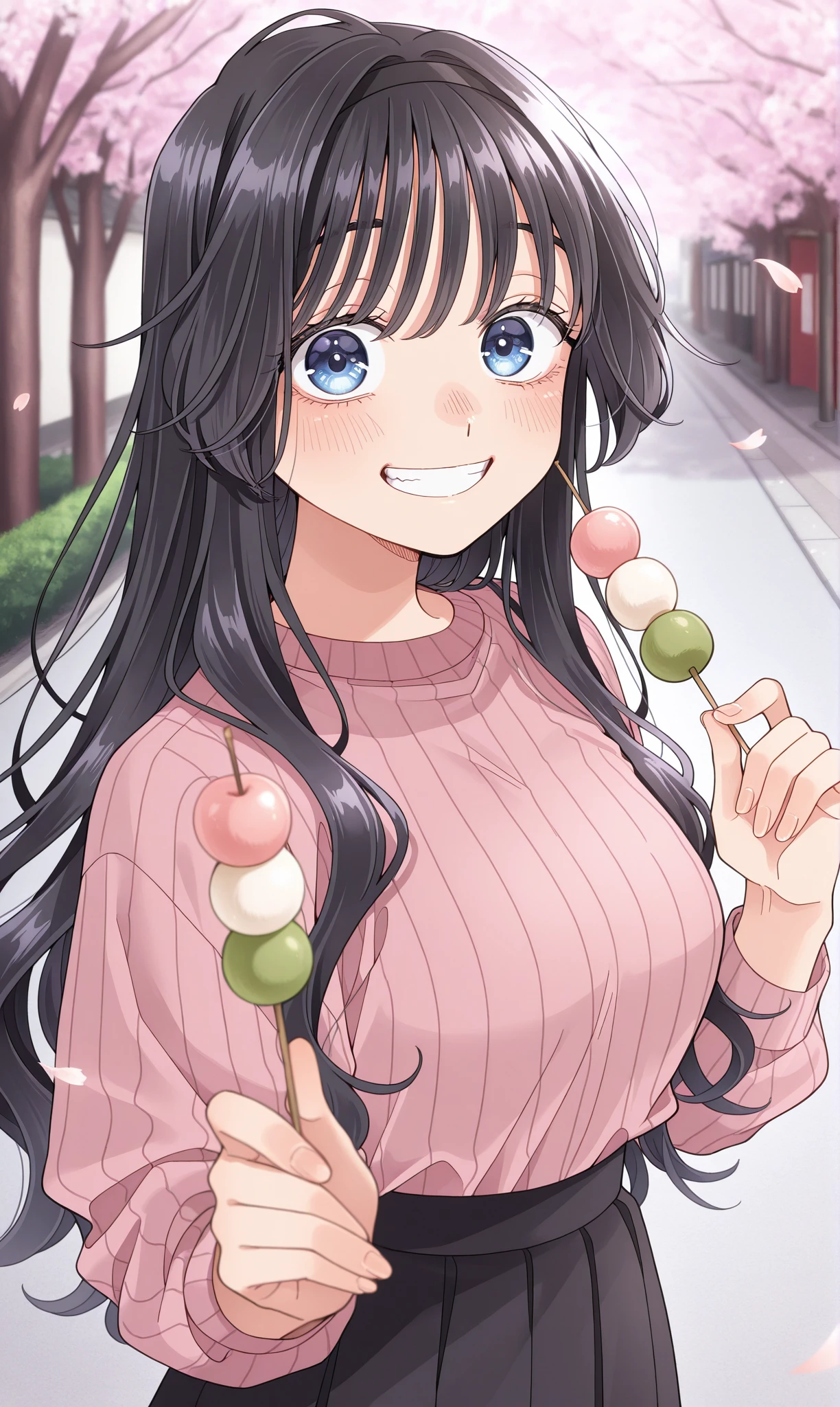 <lora:waguri_kaoruko_illust_scarxzys:1>, waguri kaoruko, blue eyes, black hair, long hair, hairband, pink sweater, ribbed sweater, black skirt, long skirt, long sleeves, shirt tucked in, 1girl, solo, masterpiece, best quality, amazing quality, cherry blossoms, street, looking at viewer, close-up, holding food, dango, grin