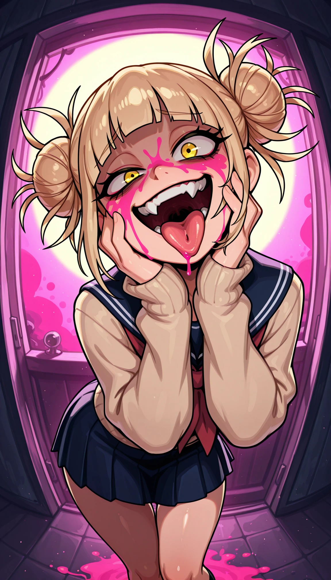 masterpiece, best quality, amazing quality, 4k, very aesthetic, high resolution, ultra-detailed, absurdres, newest, scenery, cartoon, toon, dark, rim light, 1girl, toga himiko, glowing yellow eyes, crazy eyes, wide-eyed, very big eyes, sanpaku, (uneven eyes:1.2), facing up, looking at viewer, (downturned eyes:1.2), (raised inner eyebrows:1.2), crazy smile, shaded face, teeth, fangs, (open mouth:1.2), tongue out, lip licking, double bun, (blood covering face, face covered with blood, pink blood:1.4), (hands on own cheek:1.2), school uniform, sleeves past wrists, from above, (dutch angle:1.2), (head tilt:1.2), (twisted torso:1.2), thigh gap, leaning forward, (pink:0.7) colorful background, backlighting, wide shot, fisheye, BREAK, hands, fingers, mouth, tongue, ears, detailed tongue, extremely detailed, extremely detailed eyes, delicate hair, shiny skin, volumetric lighting