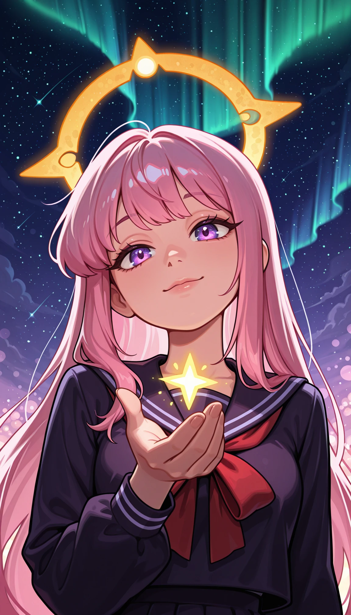 masterpiece, best quality, amazing quality, 4k, very aesthetic, high resolution, ultra-detailed, absurdres, newest, scenery, cartoon, toon, 1girl, solo, fashion photography of busty cute girl, (cute:1.2), pink hair, long hair, choppy bangs, nebulae cosmic purple eyes, rimlit eyes, light smile, dark purple serafuku, big red ribbon, red annular solar eclipse halo, hand, glowing star in hand, from below, dutch angle, portrait, upper body, head tilt, colorful, rim light, backlit, (colorful light particles:1.2), cosmic sky, aurora, chaos, perfect night, fantasy background, BREAK, detailed background, blurry foreground, bokeh, depth of field, volumetric lighting