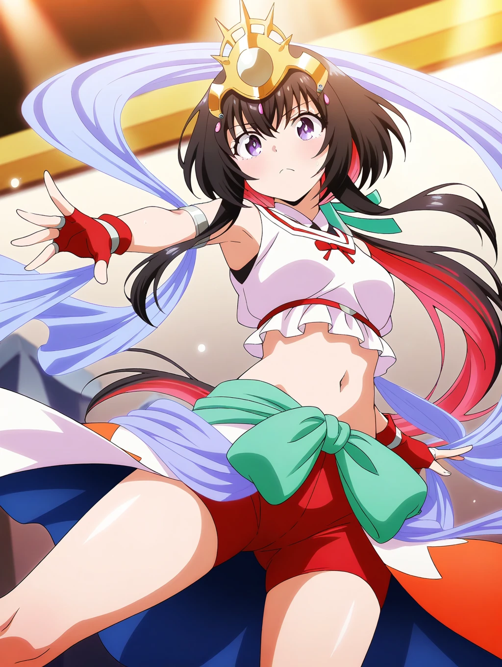 masterpiece,best quality,amazing quality,solo,1girl,<lora:Tsukimiya-ILXL-v1:1>,Tsukimiya,purple_eyes,colored_inner_hair,brack_hair,red_hair,low_ponytail,sidelocks,hair_ribbon,dancer,silver_armlet,showgirl_skirt,red_shorts,green_ribbon,blue_shawl,white_sleeveless_top,gold and silver headpiece,dance,