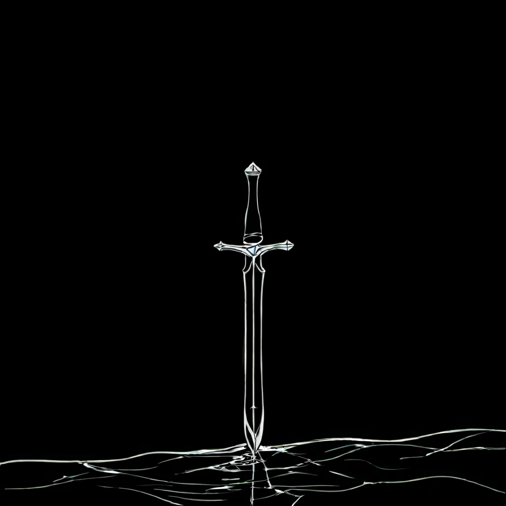 <lora:Elegant_Minimalist_Line_ArtIllustrious:1> Elegant Minimalist Line Art, The image shows a black and white drawing of a sword in the water with a dark background. The sword is depicted in a line art style with the blade and handle clearly visible., monochrome, no humans, greyscale, weapon, sword, black background, simple background, still life, comic, planted sword