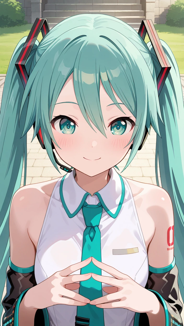 (masterpiece),best quality,amazing quality,very aesthetic,absurdres,newest,perfect body,shiny skin,perfect eyes,detail1eye,well-defined fingers,well-defined fingernails,anime style,outdoors,1girl,solo,upper body,(portrait:1.5),looking at viewer,facing viewer,smile,blush,Hatsune Miku-Project SEKAI version,absurdly long hair,aqua hair,twintails,hair ornament,sidelocks,hair between eyes,parted bangs,aqua eyes,white shirt,collared shirt,bare shoulders,sleeveless shirt,aqua necktie,detached sleeves,black sleeves,shoulder tattoo,fringe,black thighhighs,miniskirt,pleated skirt,zettai ryouiki,thigh boots,<lora:Hatsune Miku-Project SEKAI version(voc)-Illus:2>,