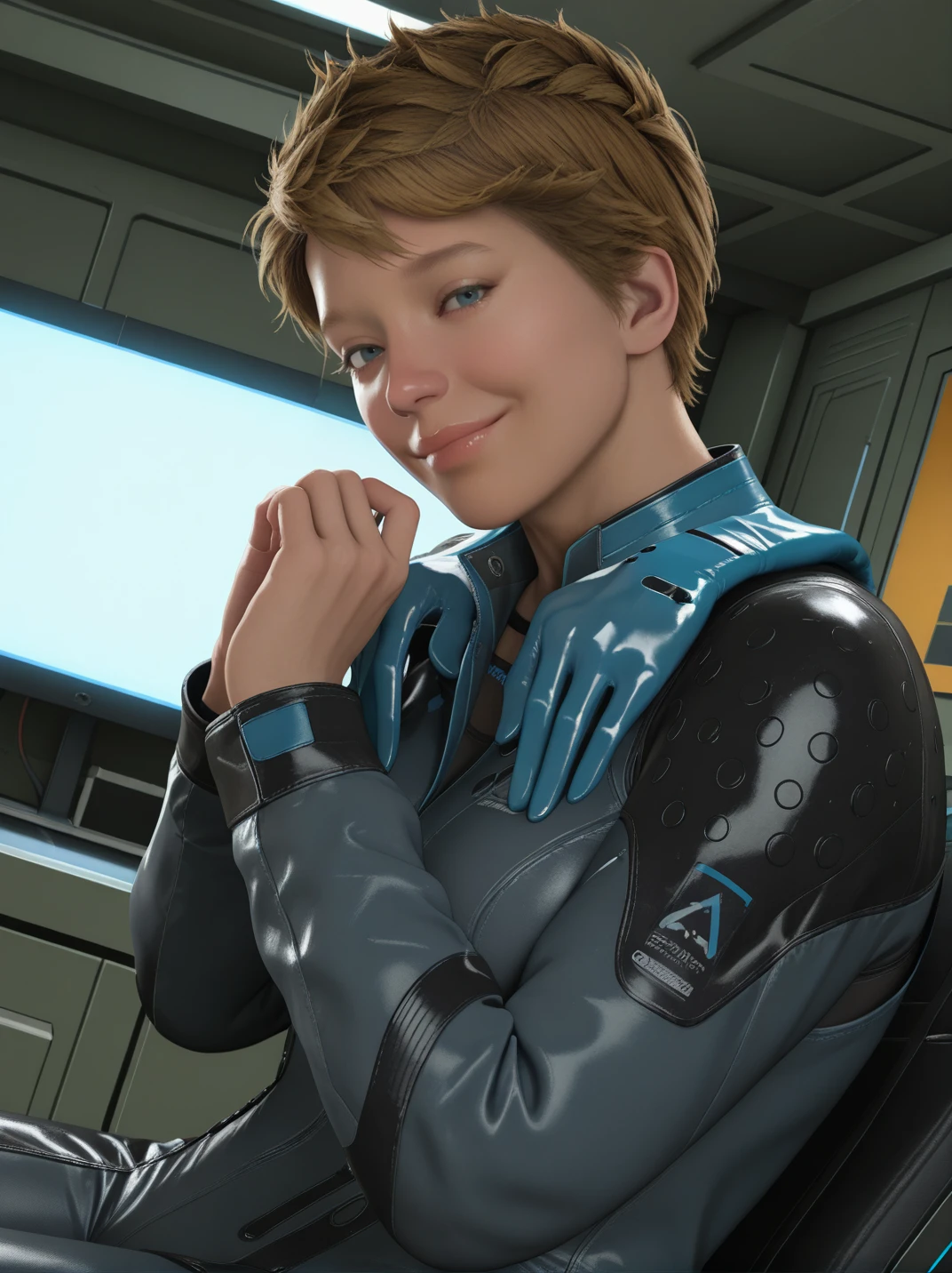 official style, screencap, high quality, realistic,
1girl, (FragilXL:1.1), blue eyes, blonde hair, short hair, bodysuit, long sleeves, 
light smile, dutch angle, naughty pose, looking at viewer, solo, dynamic pose, cowboy shot, head tilt, sexually suggestive, sitting, from side, head tilt, indoors, science fiction, lab,
<lora:AFragil_character:1>