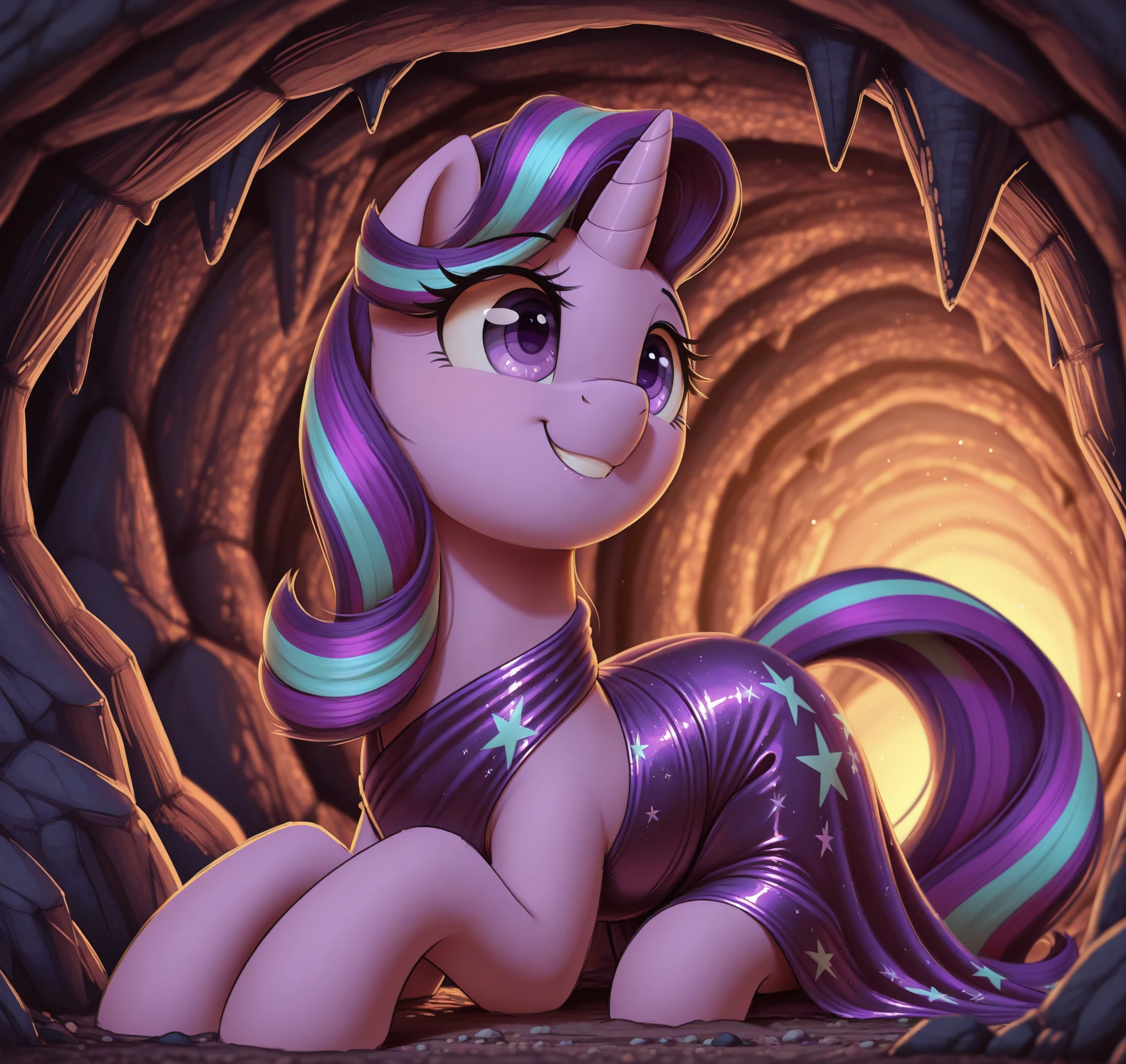 <lora:Thebatfang_Style_Illustrious:0.65> thebatfang, masterpiece, best quality, absurd res, hi res, my little pony, friendship is magic, quadruped, feral, equid, equine, pony, solo, starlight glimmer \(mlp\), feral, unicorn, purple eyes, in a cave, sleeping , smile, happy, joyful, medium shot, sketch,  evening dress