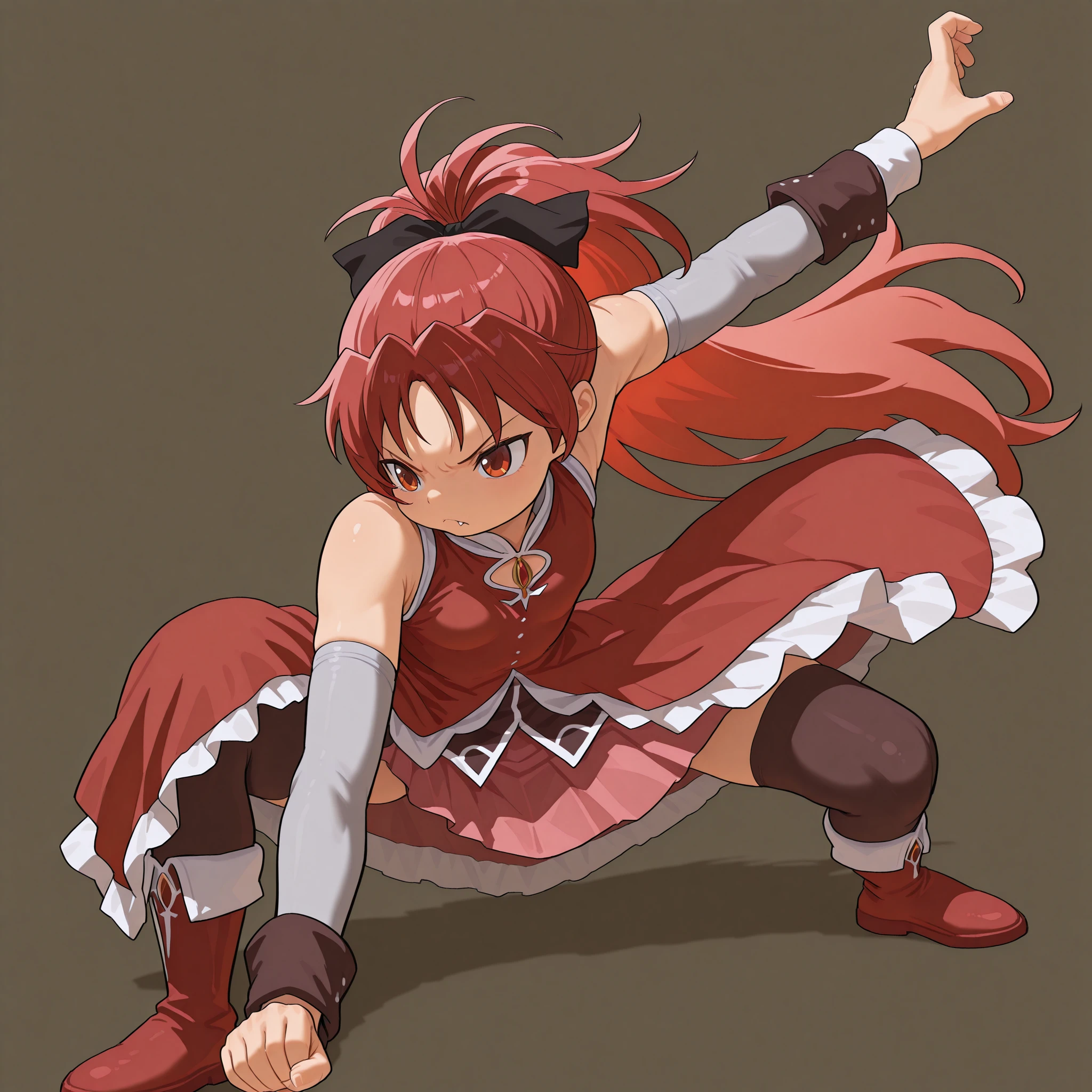 1girl,, <lora:gokuPose3_V1_illustrious:1>,gokupose3,solo,fighting stance,white background,simple background,full body,serious,frown,clenched hand,shadow,closed mouth,crouching,leaning forward,one arm extended,other arm bent,wide stance,martial arts pose, masterpiece, best quality, amazing quality, newest,detailed face, beautiful eye,, <lora:Sakura Kyoko illu v2:1>,1girl, red eyes, small breasts,ponytail, long hair, very long hair, hair bow, bow, red hair, hair ribbon, fang,magical girl, ribbon, black bow, bare shoulders, red dress, long sleeves, detached sleeves, black thighhighs