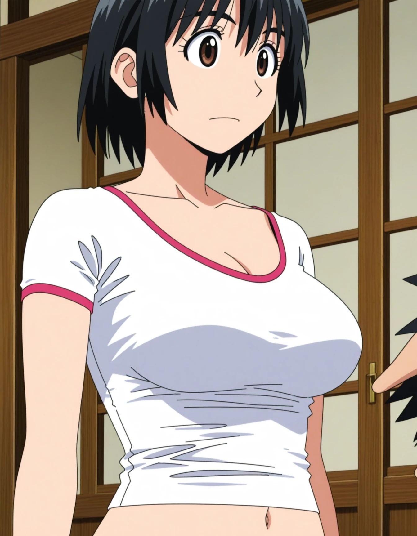 <lora:NoobV065sHyperDmd:1>,very awa,masterpiece,best quality,newest,highres,absurdres,general,anime coloring,anime screenshot,official art,<lora:fuuka2:0.8>,1girl,thick eyebrows,short hair,black hair,mischievous expression, impish, sly, playful,looking ahead,faceplant,solo_focus,tight shirt,cleavage,navel,