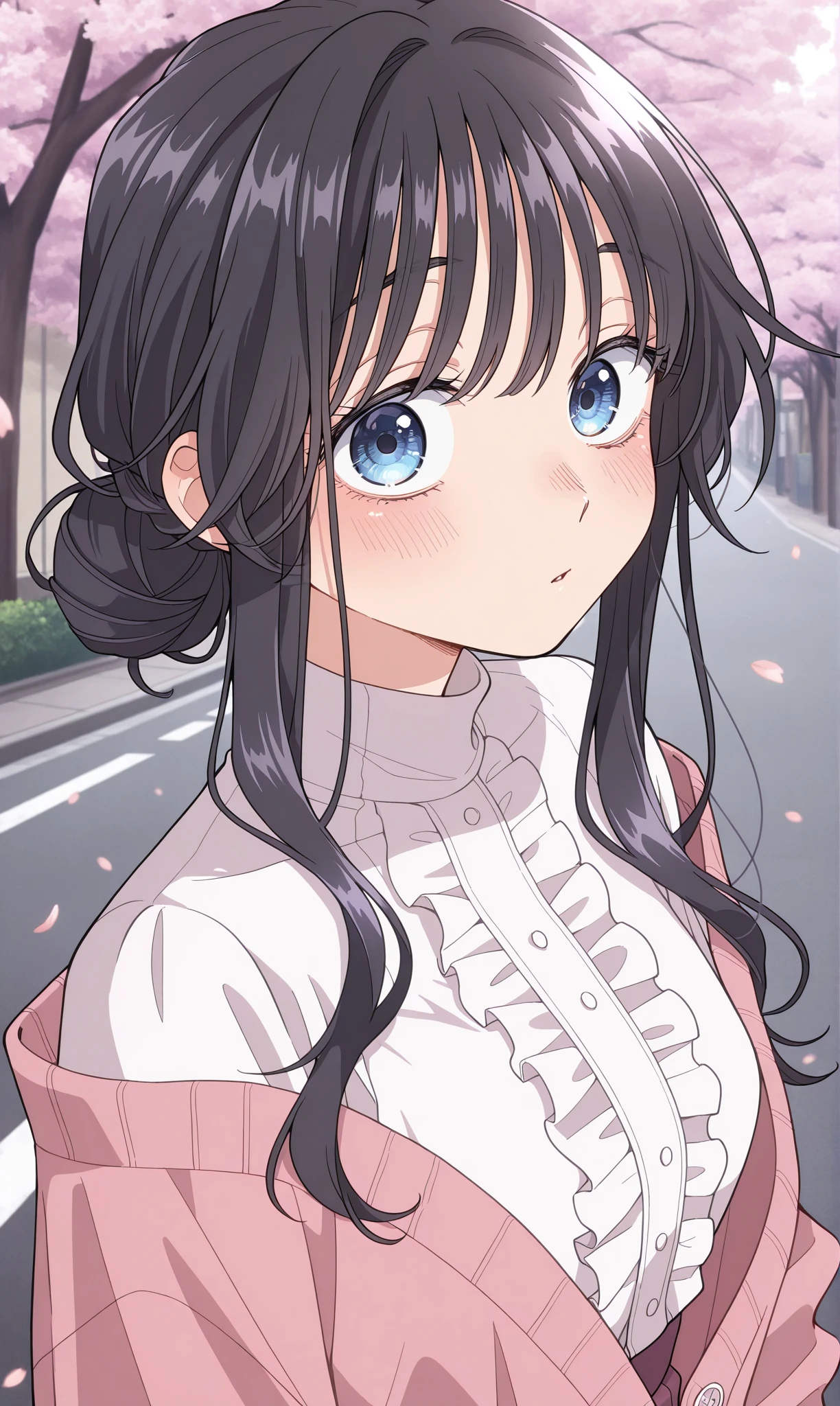 <lora:waguri_kaoruko_illust_scarxzys:1>, waguri kaoruko, blue eyes, black hair, low hair bun, pink cardigan, off-shoulder, long sleeves, white shirt, center frills, turtleneck, 1girl, solo, masterpiece, best quality, amazing quality, cherry blossoms, street, looking at viewer, close-up,