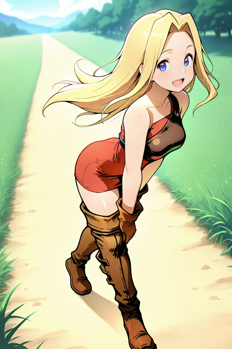 1girl, <lora:fft_archerV1_illustrious:0.8>,, muneate,fft_archer,red_dress,short dress,sleeveless dress,thigh boots,brown footwear,leather gloves,leather boots,brown gloves,gloves,full body,,dynamic pose, outdoor,grass,smile,open mouth,, masterpiece, best quality, amazing quality, newest,detailed face, beautiful eye